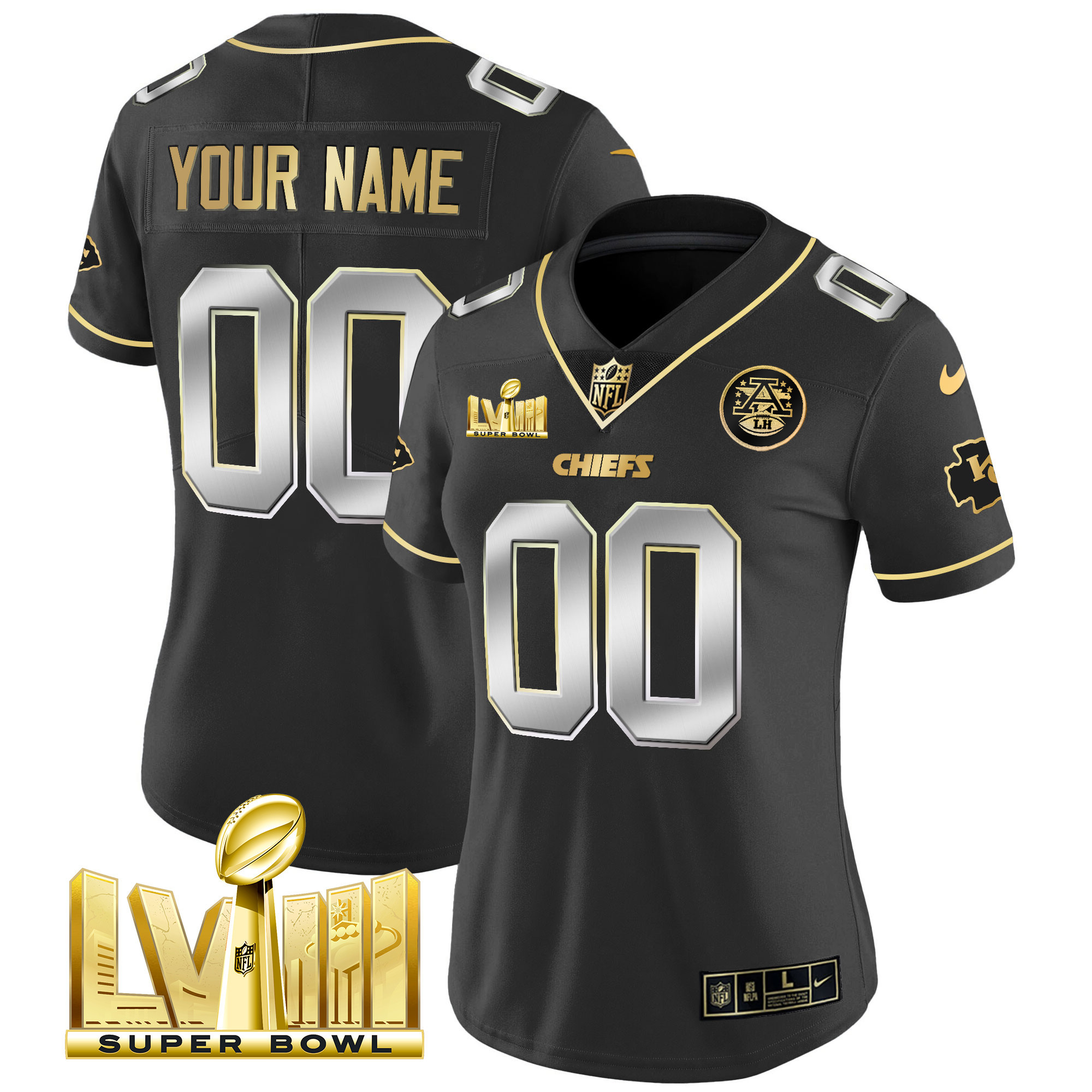 Kansas City Chiefs Super Bowl LVIII Gold Patch Vapor Custom Black Limited Jersey - All Stitched 