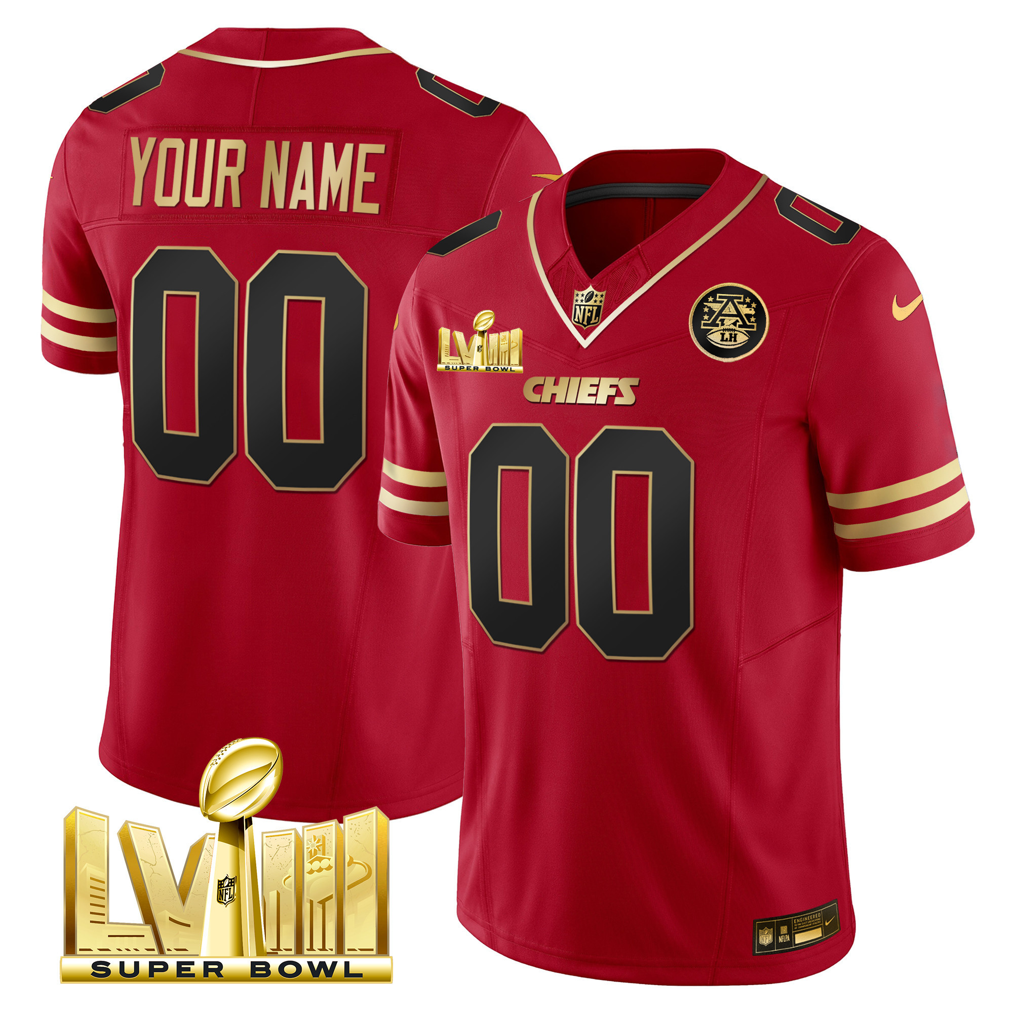 Kansas City Chiefs Super Bowl LVIII Gold Patch Vapor Custom Black Red Jersey - All Stitched 