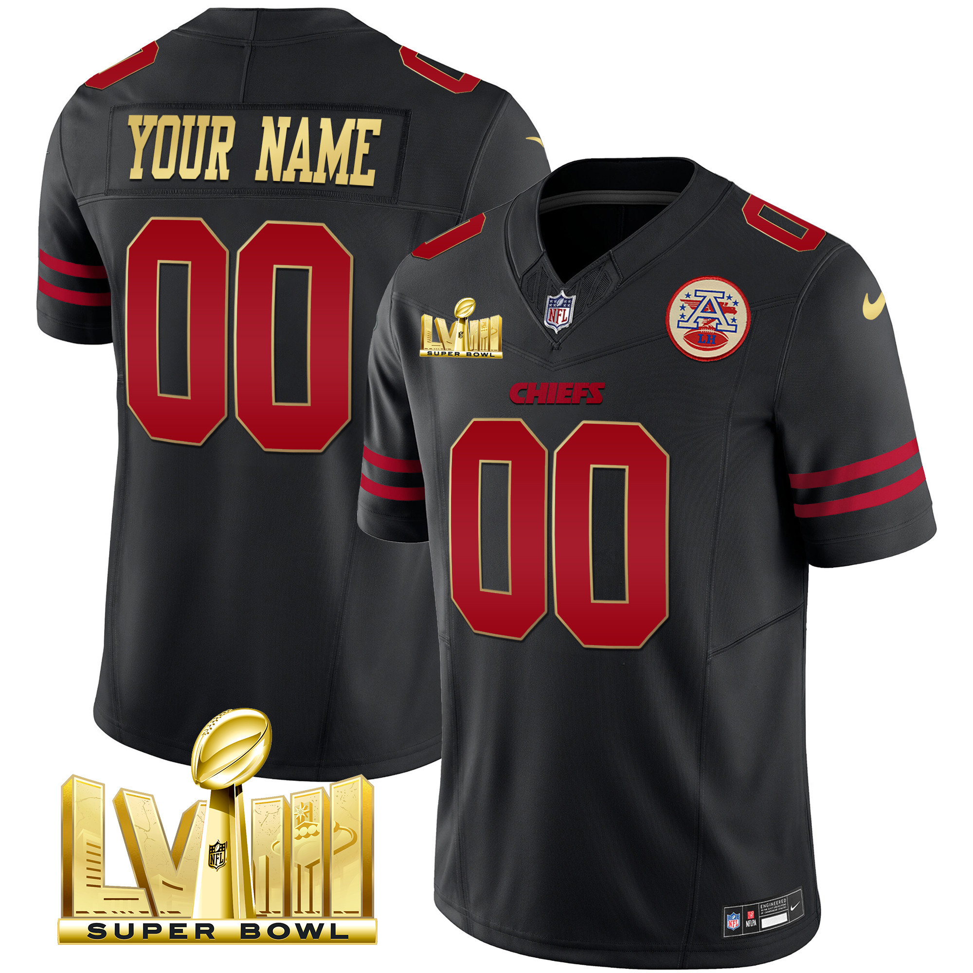 Kansas City Chiefs Super Bowl LVIII Gold Patch Vapor Custom Gold Trim Jersey - All Stitched 