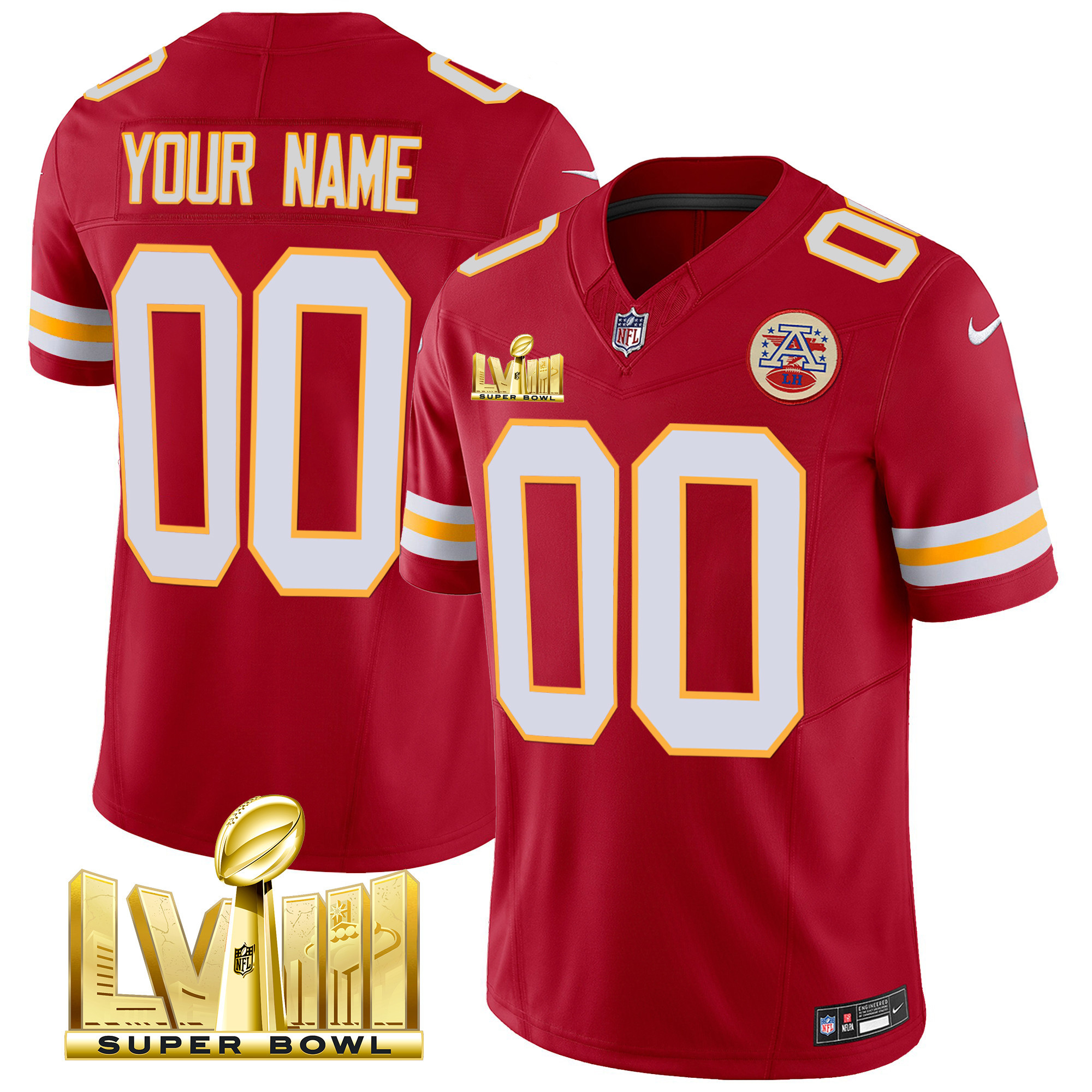 Kansas City Chiefs Super Bowl LVIII Gold Patch Vapor Custom Red Jersey - All Stitched 