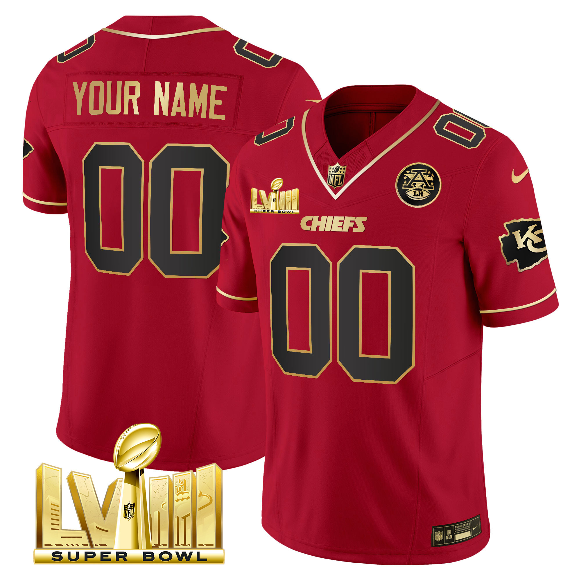 Kansas City Chiefs Super Bowl LVIII Gold Patch Vapor Custom Red Special Jersey - All Stitched 