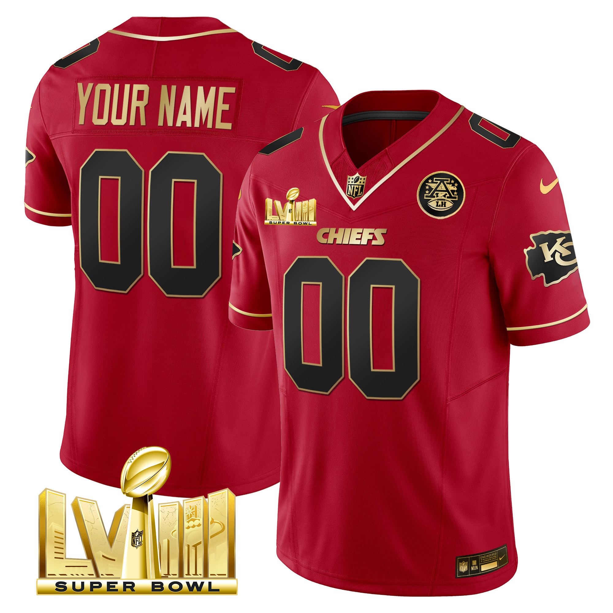 Kansas City Chiefs Super Bowl LVIII Gold Patch Vapor Custom Red Special Jersey - All Stitched 