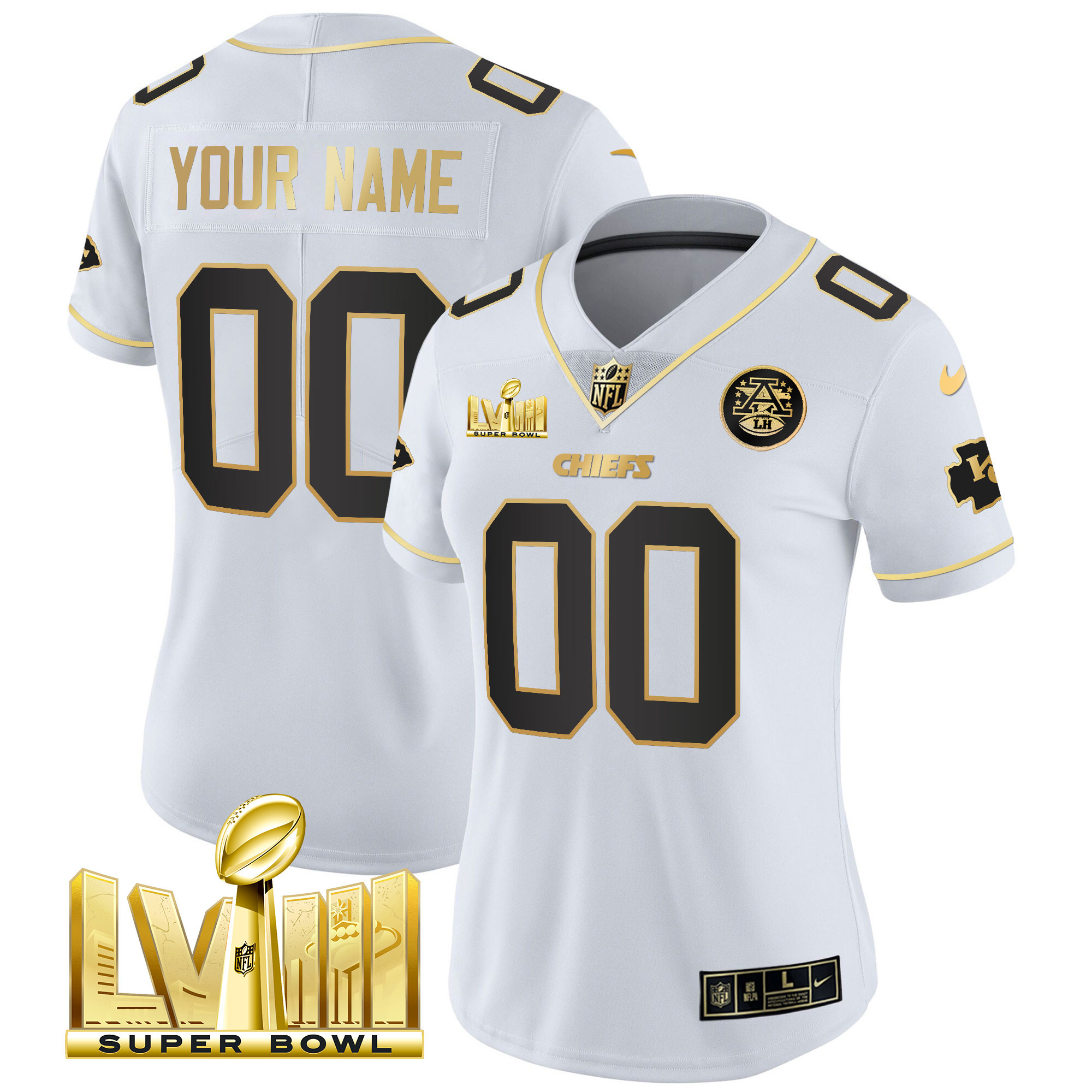 Kansas City Chiefs Super Bowl LVIII Gold Patch Vapor Custom White Gold Jersey - All Stitched 