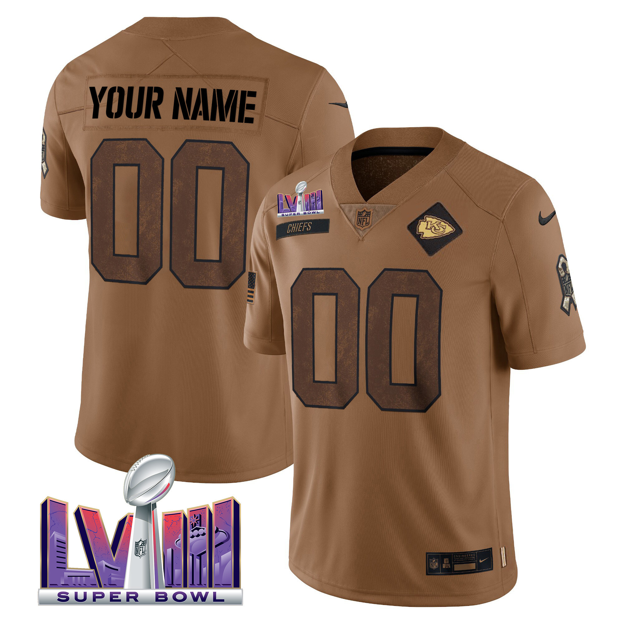 Kansas City Chiefs Super Bowl LVIII Patch Salute To Service Brown Limited Custom Brown Jersey - All Stitched 
