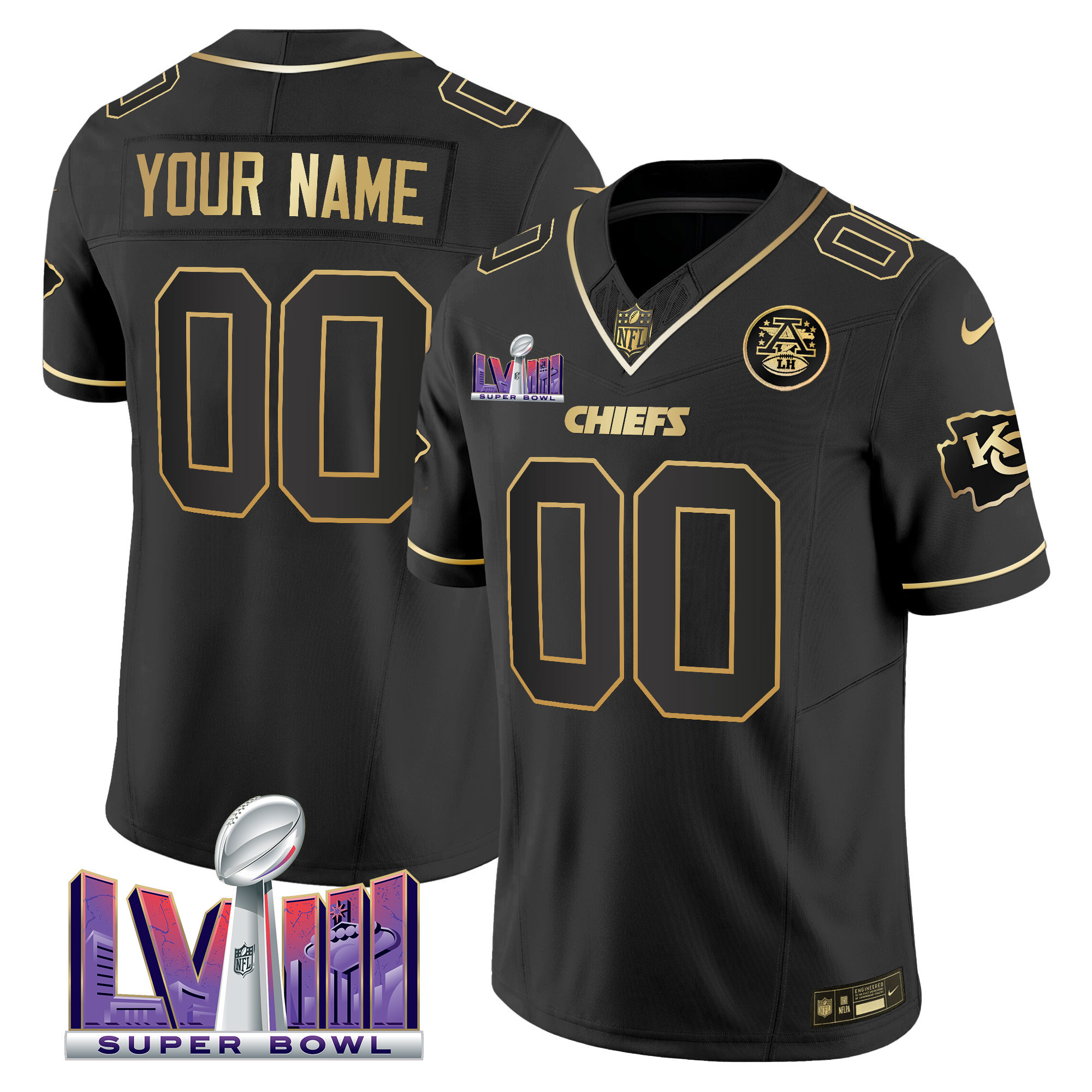 Kansas City Chiefs Super Bowl LVIII Patch Vapor Custom Black Gold Jersey - All Stitched 