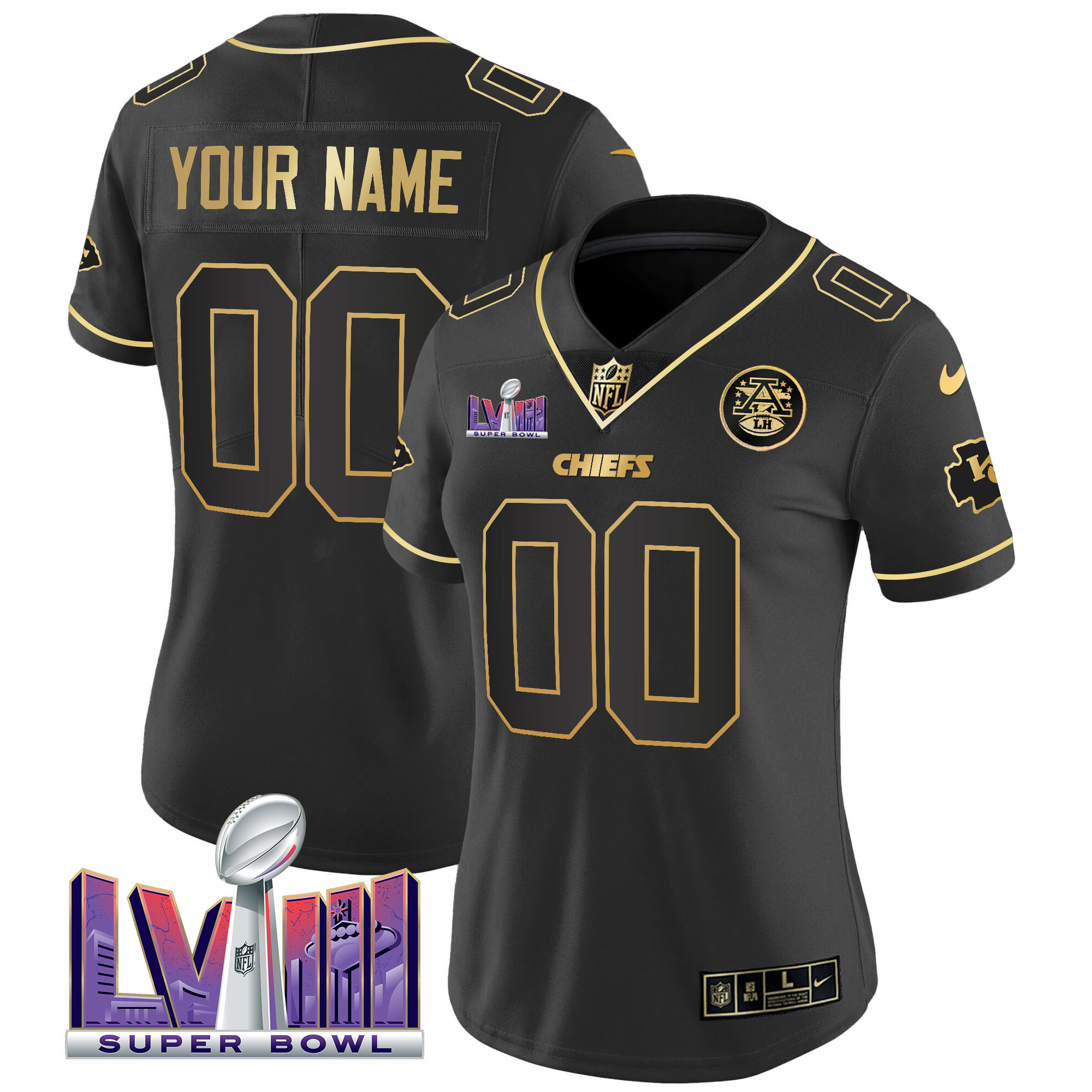 Kansas City Chiefs Super Bowl LVIII Patch Vapor Custom Black Gold Jersey - All Stitched 