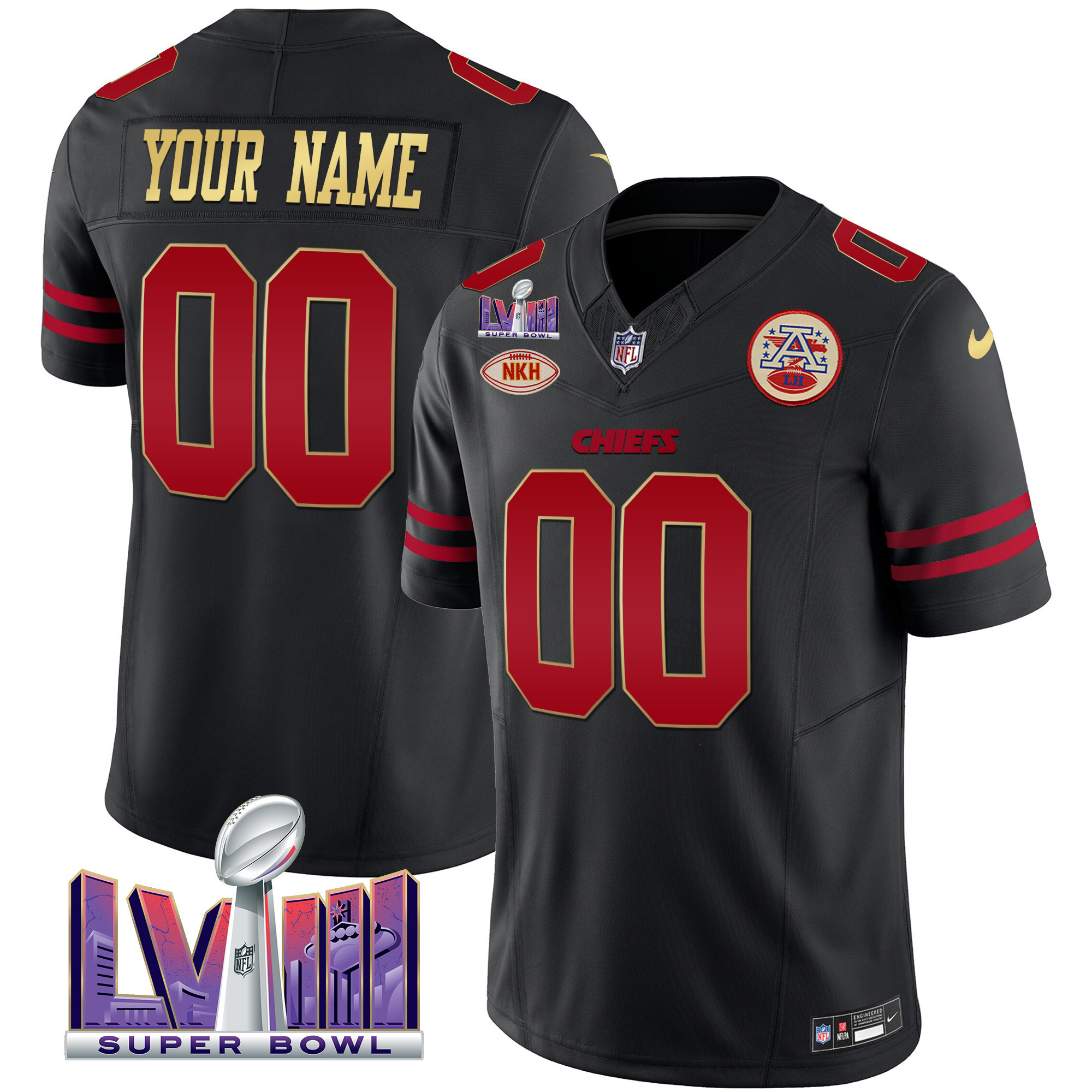 Kansas City Chiefs Super Bowl LVIII Patch Vapor Custom Gold Trim Jersey - All Stitched 