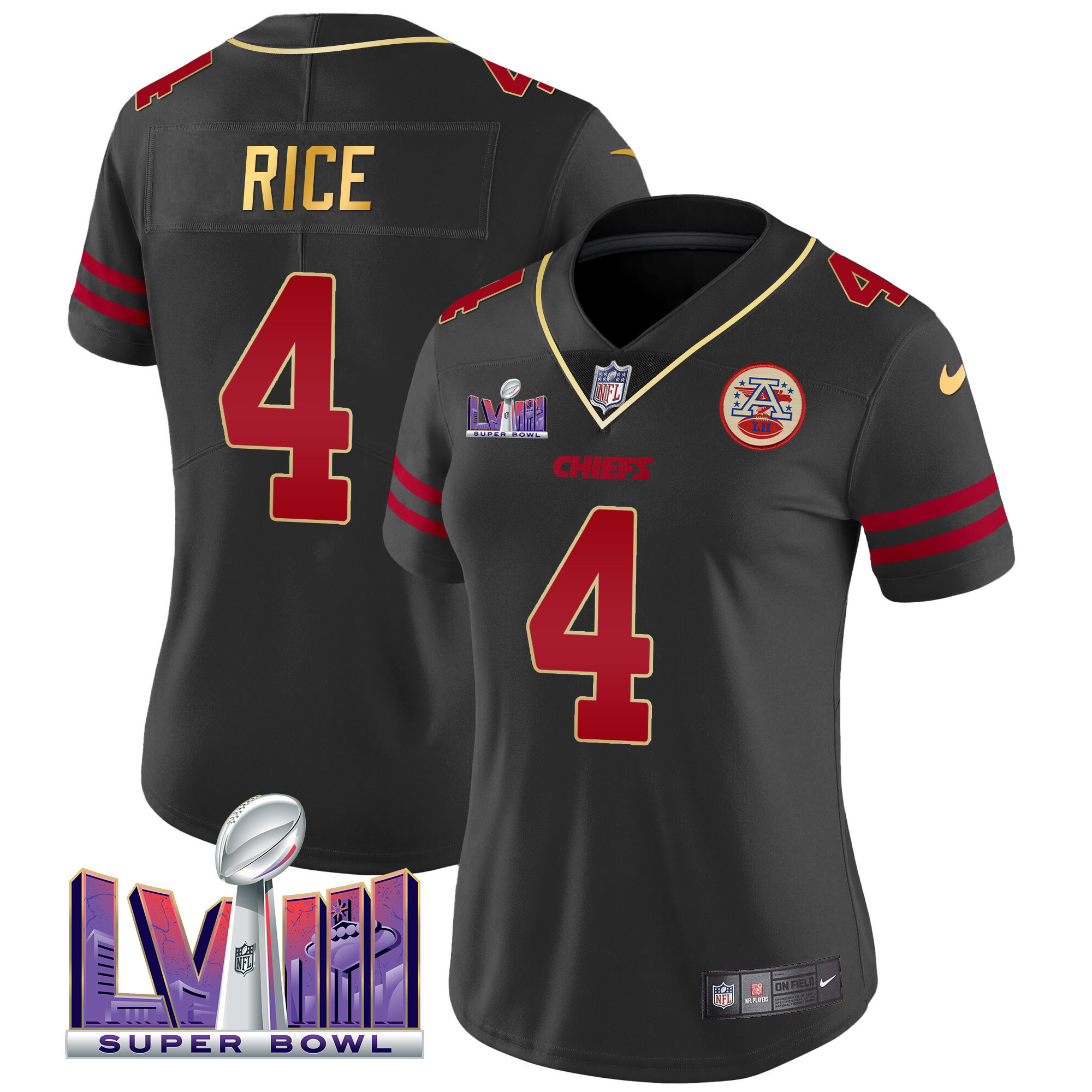 Kansas City Chiefs Super Bowl LVIII Patch Vapor Custom Gold Trim Jersey - All Stitched 