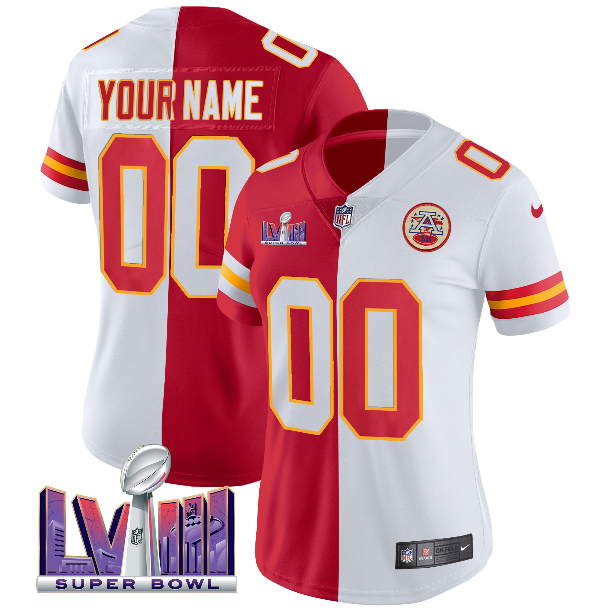 Kansas City Chiefs Super Bowl LVIII Patch Vapor Custom Split Jersey - All Stitched 