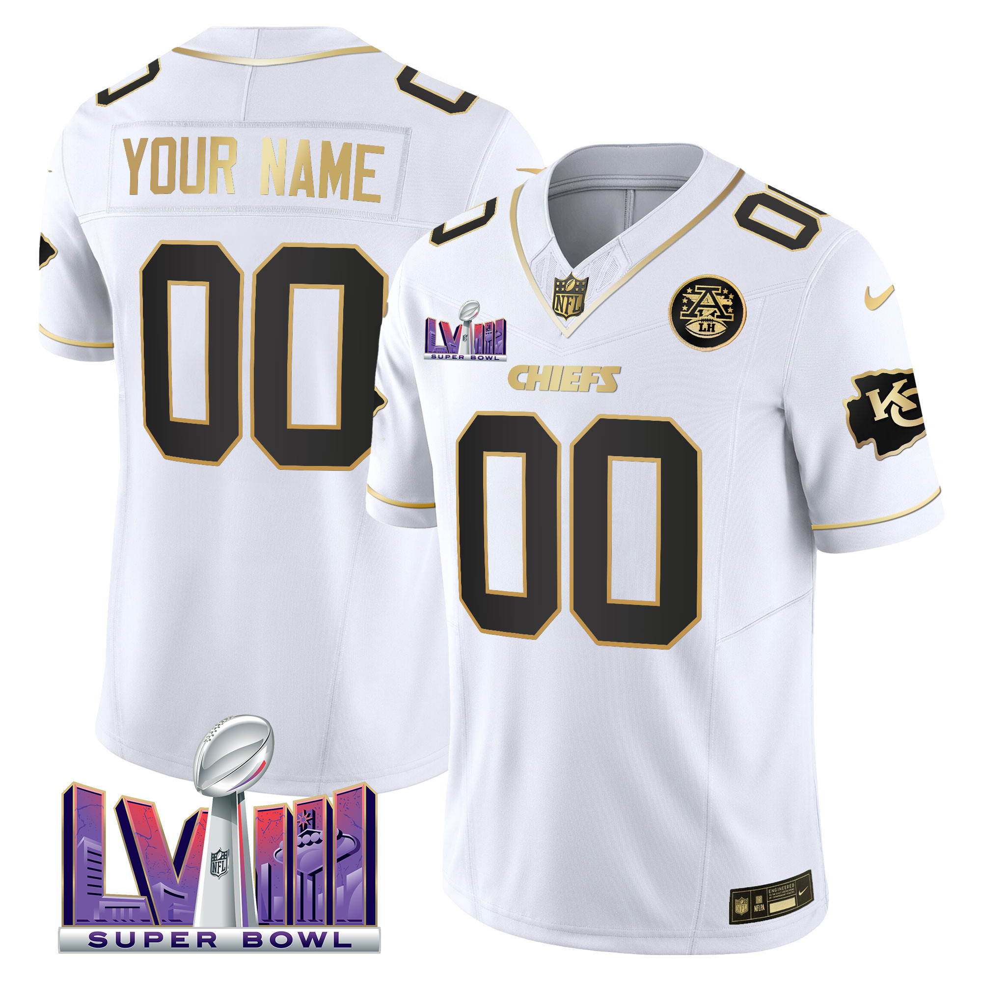 Kansas City Chiefs Super Bowl LVIII Patch Vapor Custom White Gold Jersey - All Stitched 