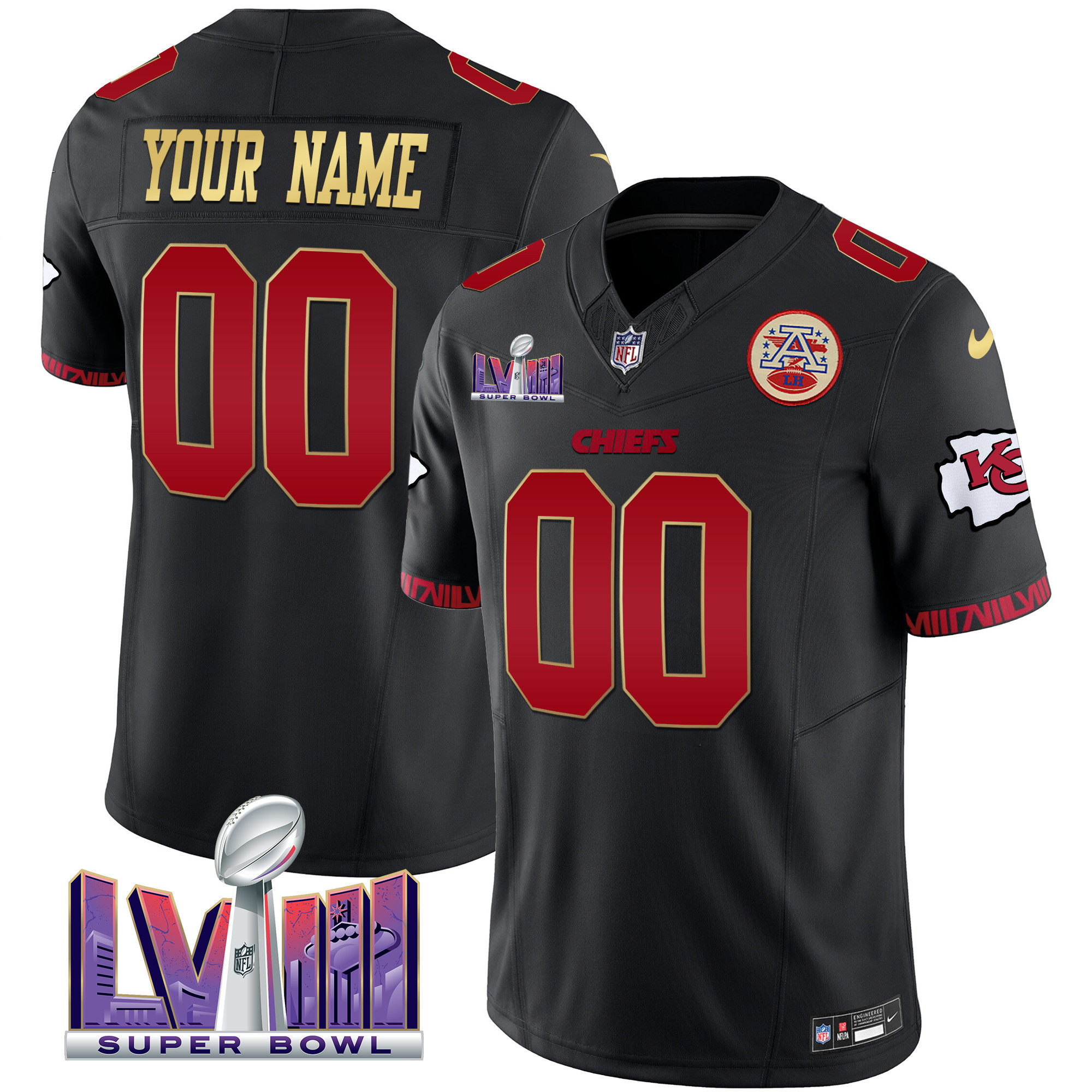 Kansas City Chiefs Super Bowl LVIII Pattern Vapor Custom Gold Trim Jersey - All Stitched 