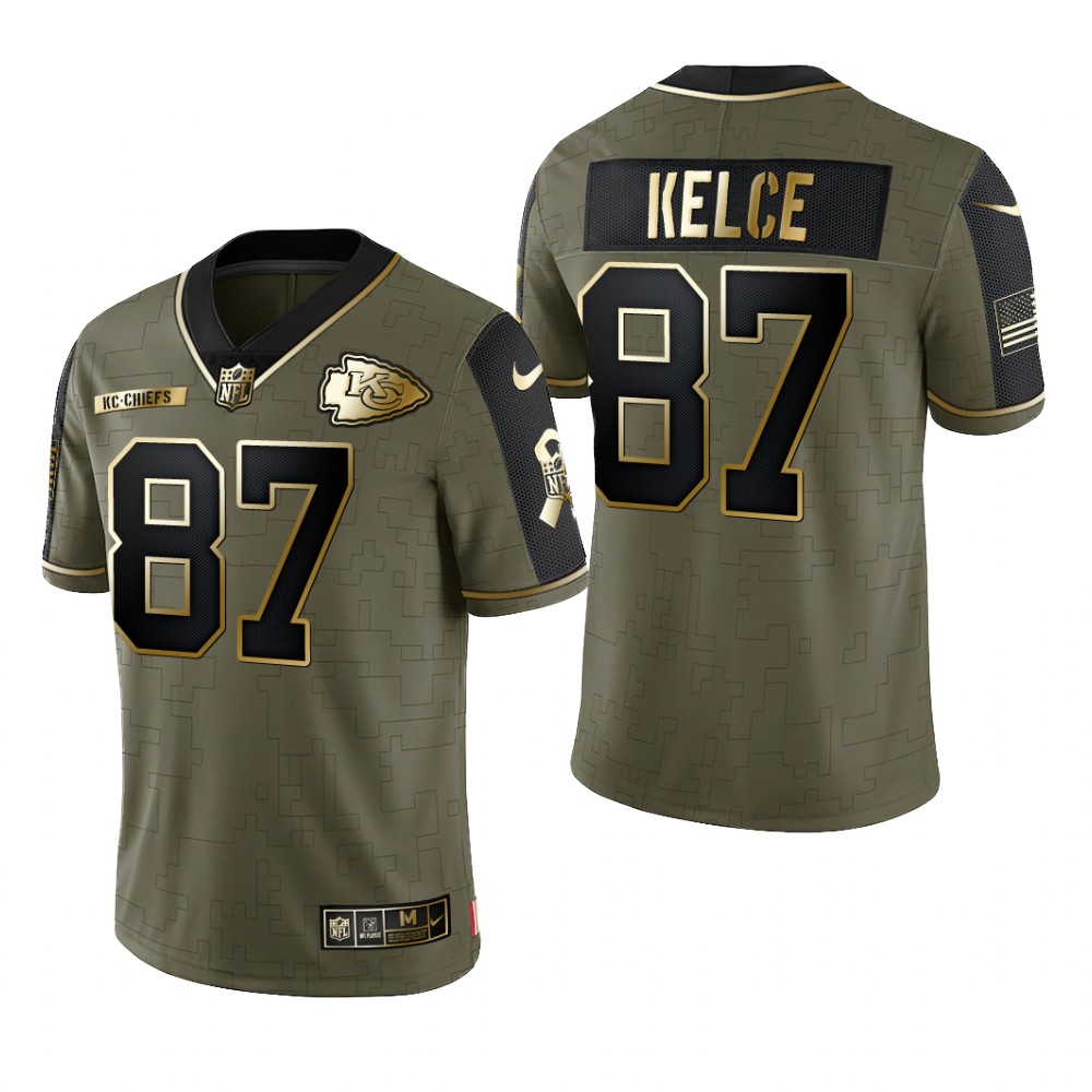 Kansas City Chiefs Travis Kelce Olive Gold Limited Jersey 2021 Salute To Service - Men's