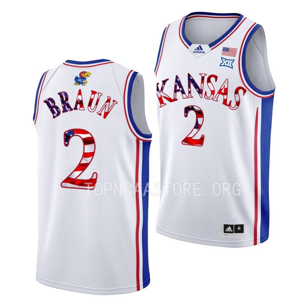 Kansas Jayhawks 2023 Stars and Stripes Christian Braun #2 White Jersey