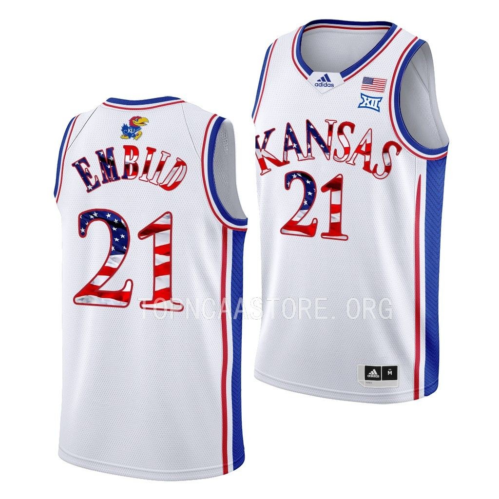 Kansas Jayhawks 2023 Stars and Stripes Joel Embiid #21 White Jersey