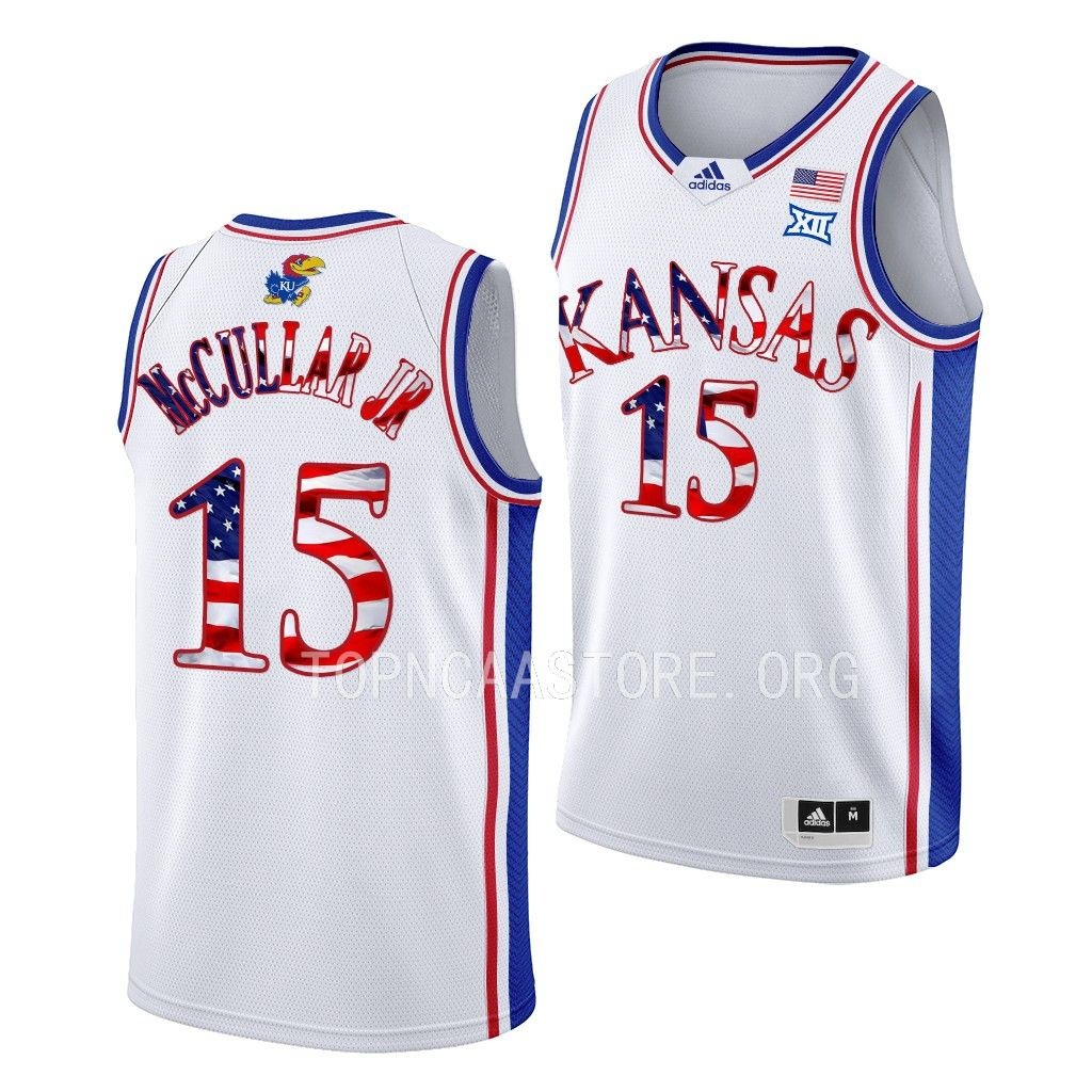 Kansas Jayhawks 2023 Stars and Stripes Kevin McCullar #15 White Jersey