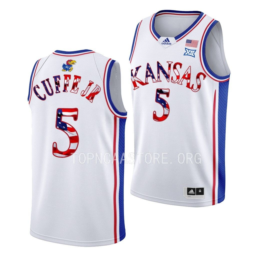 Kansas Jayhawks 2023 Stars and Stripes Kyle Cuffe Jr. #5 White Jersey
