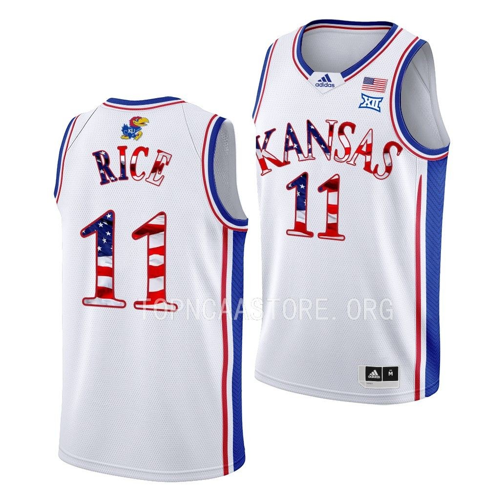 Kansas Jayhawks 2023 Stars and Stripes M.J. Rice #11 White Jersey