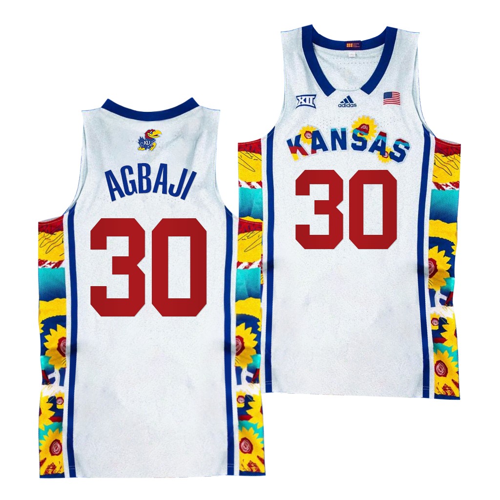Kansas Jayhawks Ochai Agbaji Sunflower Showdown #30 White uniform 2022 Jersey