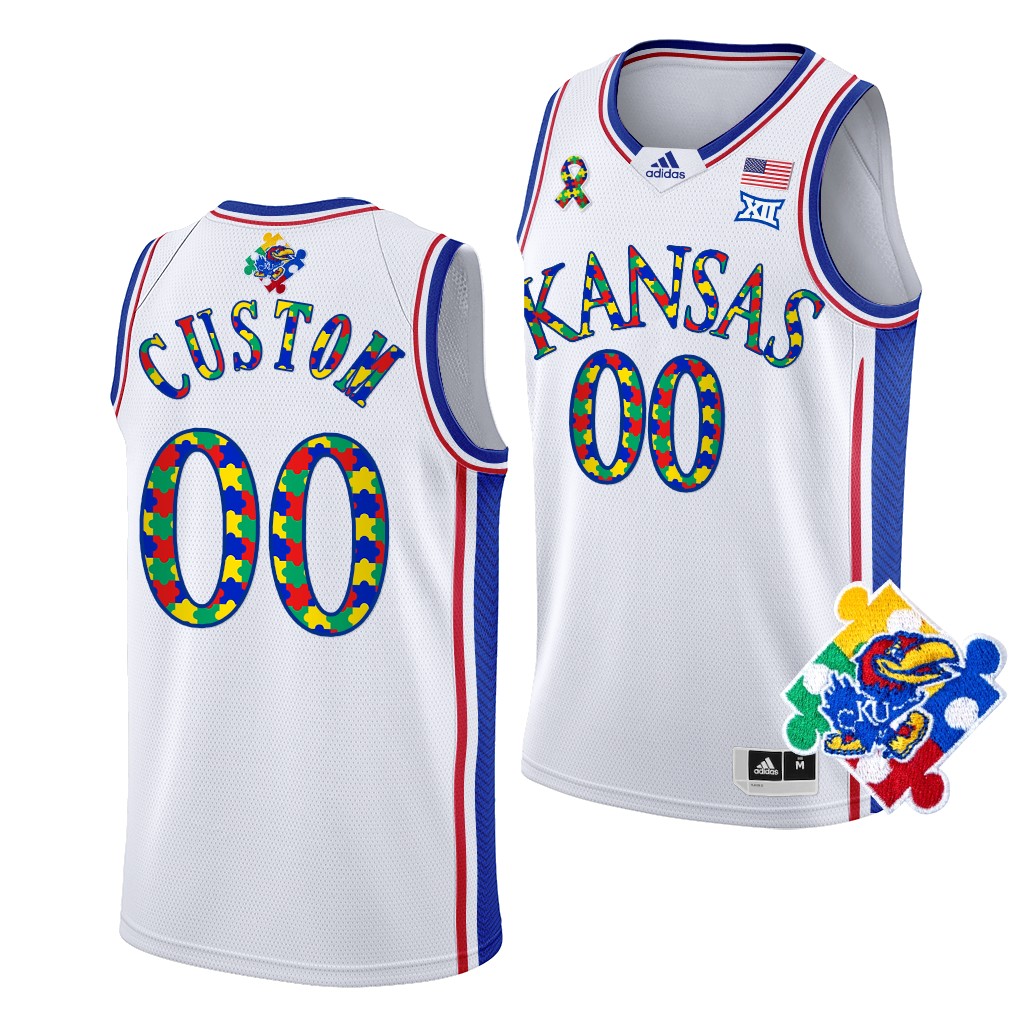 Kansas Jayhawks World Autism Awareness Day Custom 00 White Special Jersey Men