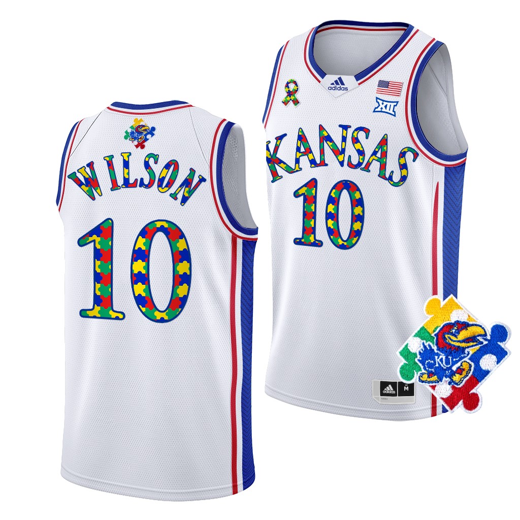 Kansas Jayhawks World Autism Awareness Day Jalen Wilson 10 White Special Jersey Men