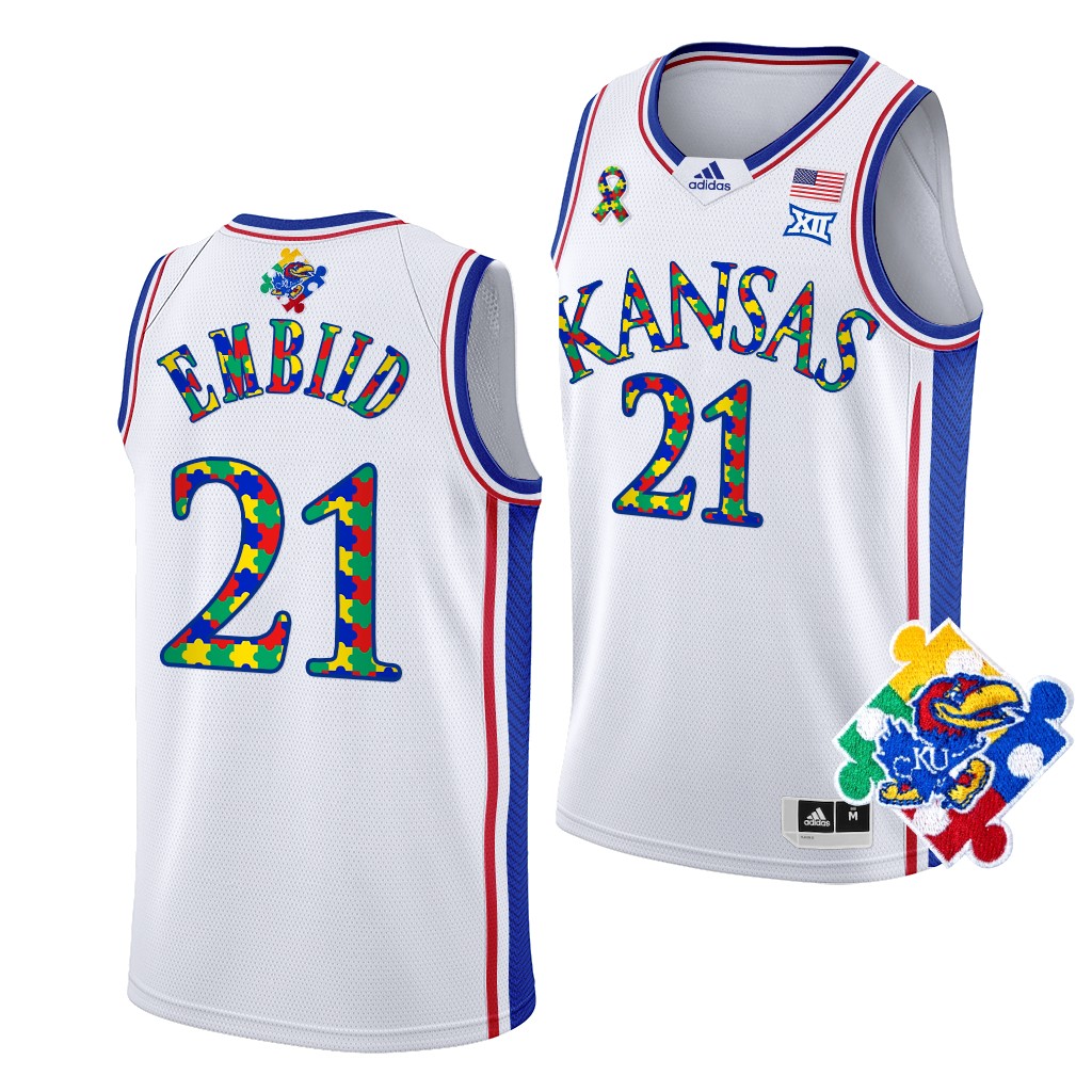 Kansas Jayhawks World Autism Awareness Day Joel Embiid 21 White Special Jersey Men