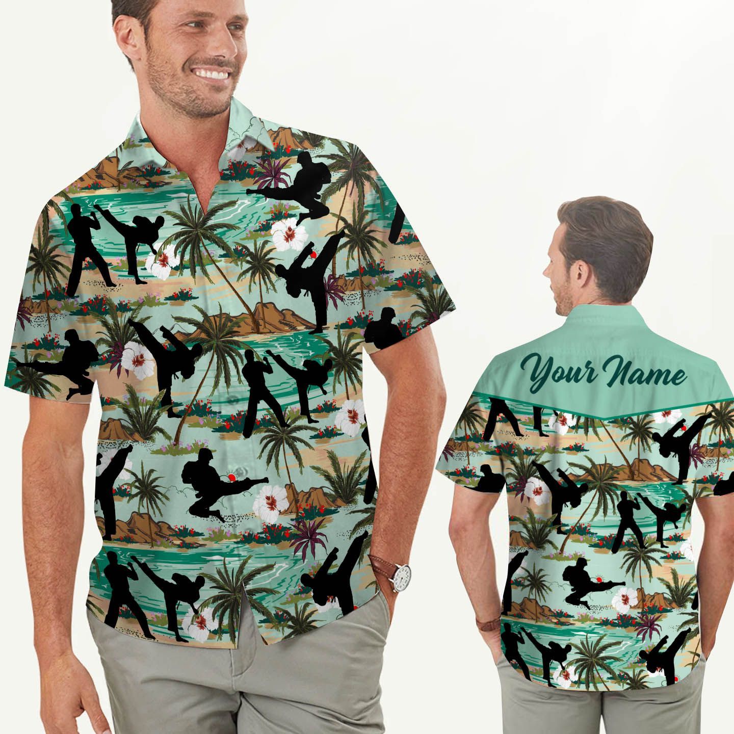 Karate Coconut Tree And Beach Custom Name Men Hawaiian Shirt For Martial Arts Lovers