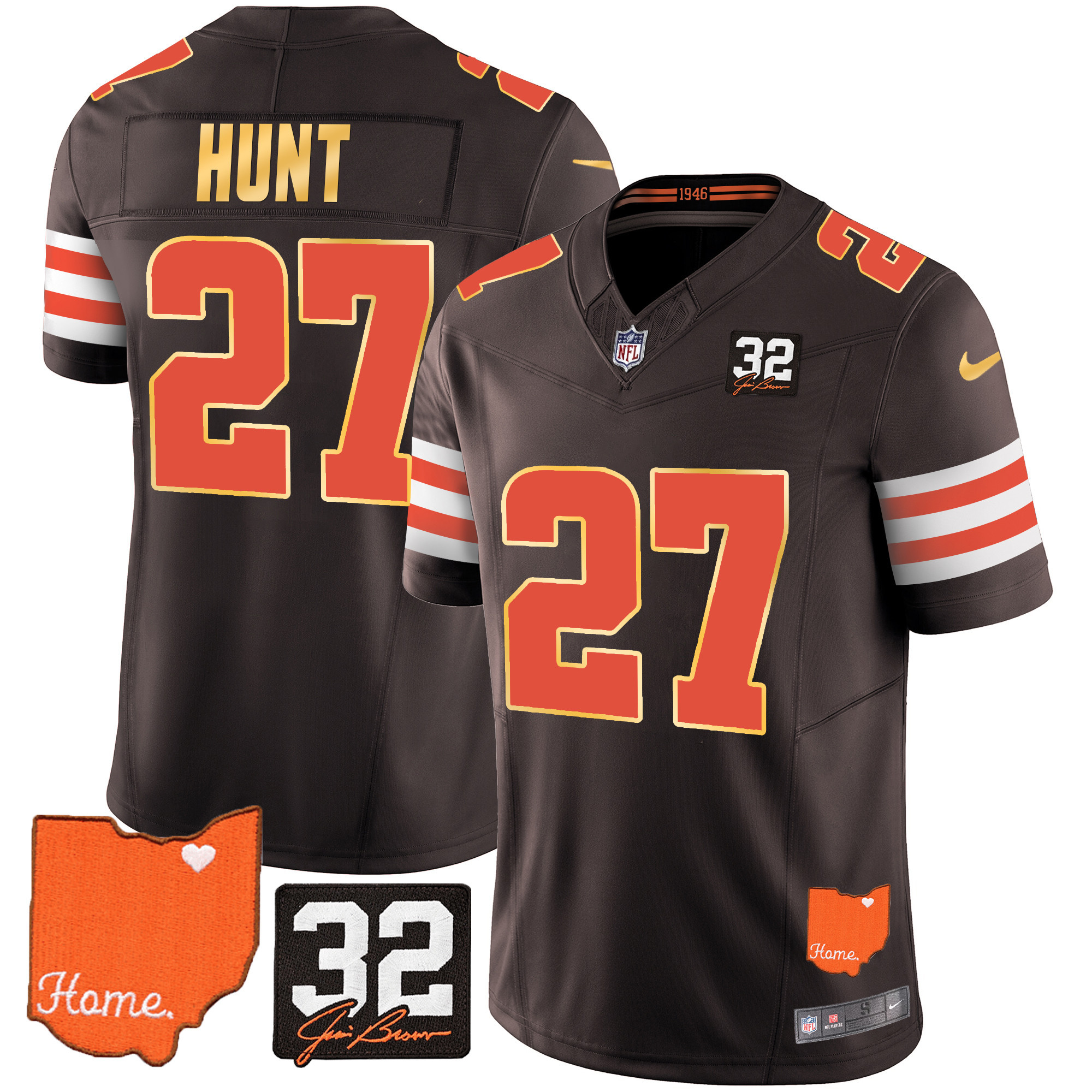 Kareem Hunt Men's Cleveland Browns #32 Jim Brown Memorial & Home Patch Gold Trim Jersey - All Stitched