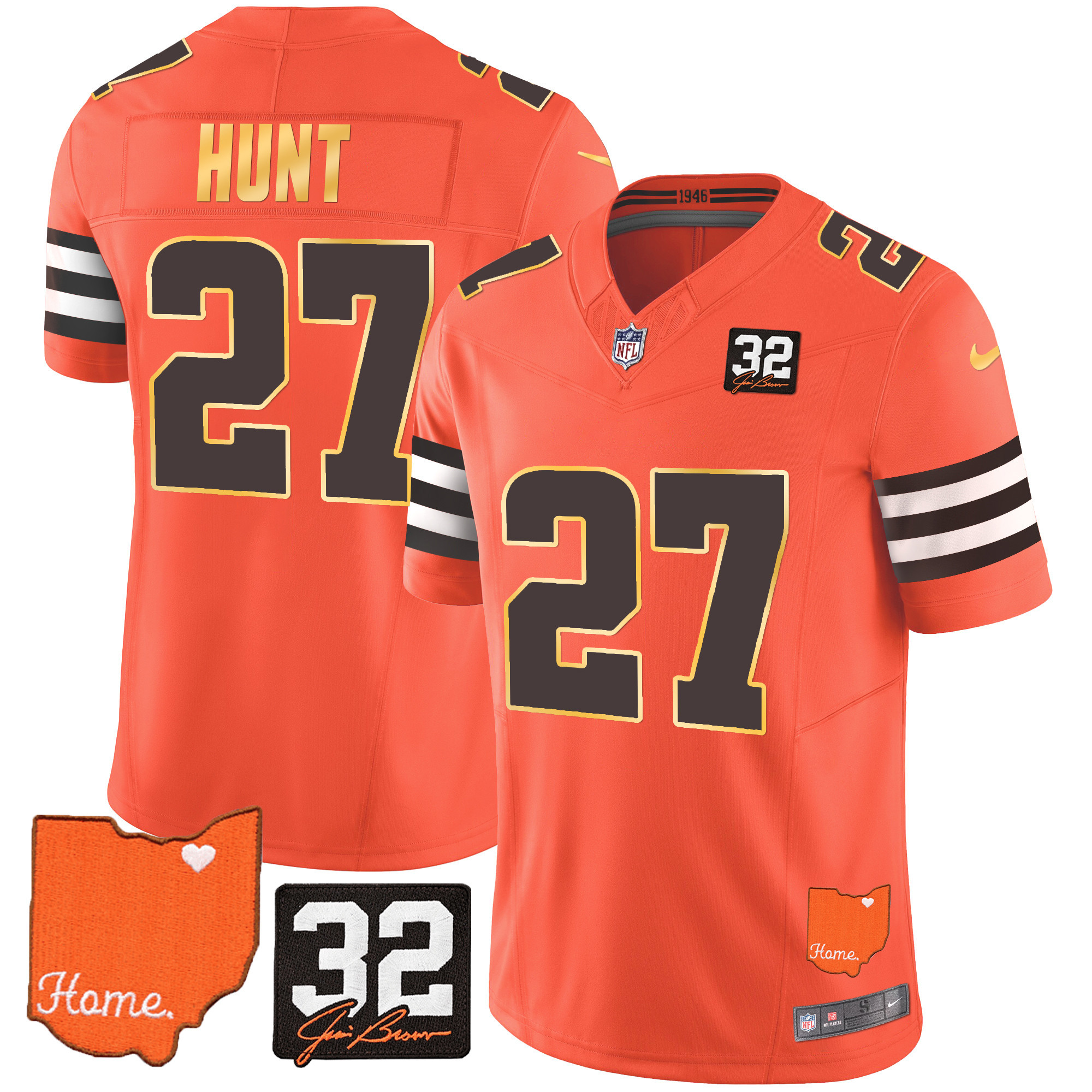 Kareem Hunt Men's Cleveland Browns #32 Jim Brown Memorial & Home Patch Gold Trim Orange Jersey - All Stitched