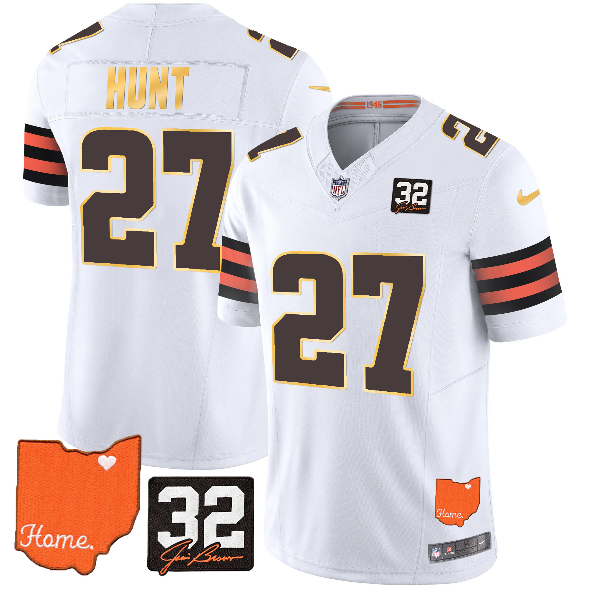 Kareem Hunt Men's Cleveland Browns #32 Jim Brown Memorial & Home Patch Gold Trim White Jersey - All Stitched