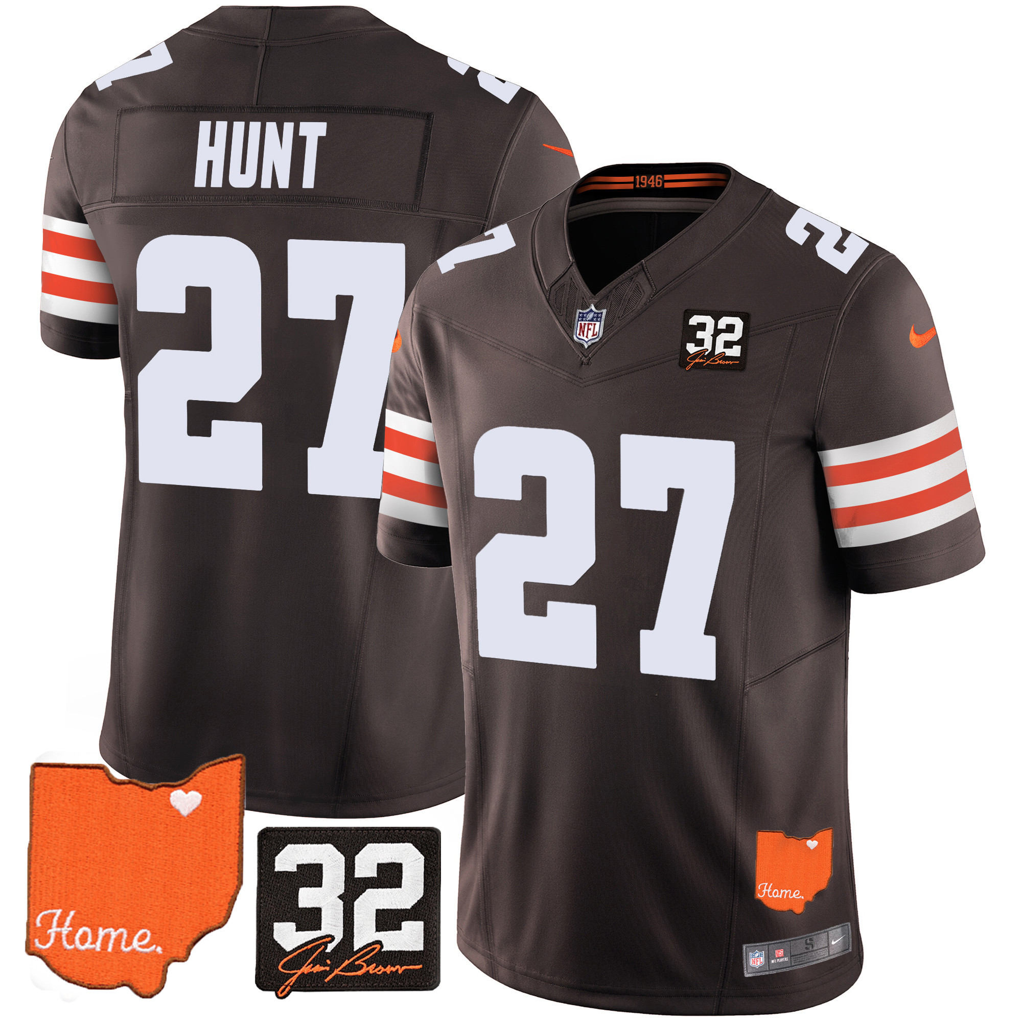 Kareem Hunt Men's Cleveland Browns #32 Jim Brown Memorial & Home Patch Jersey - All Stitched