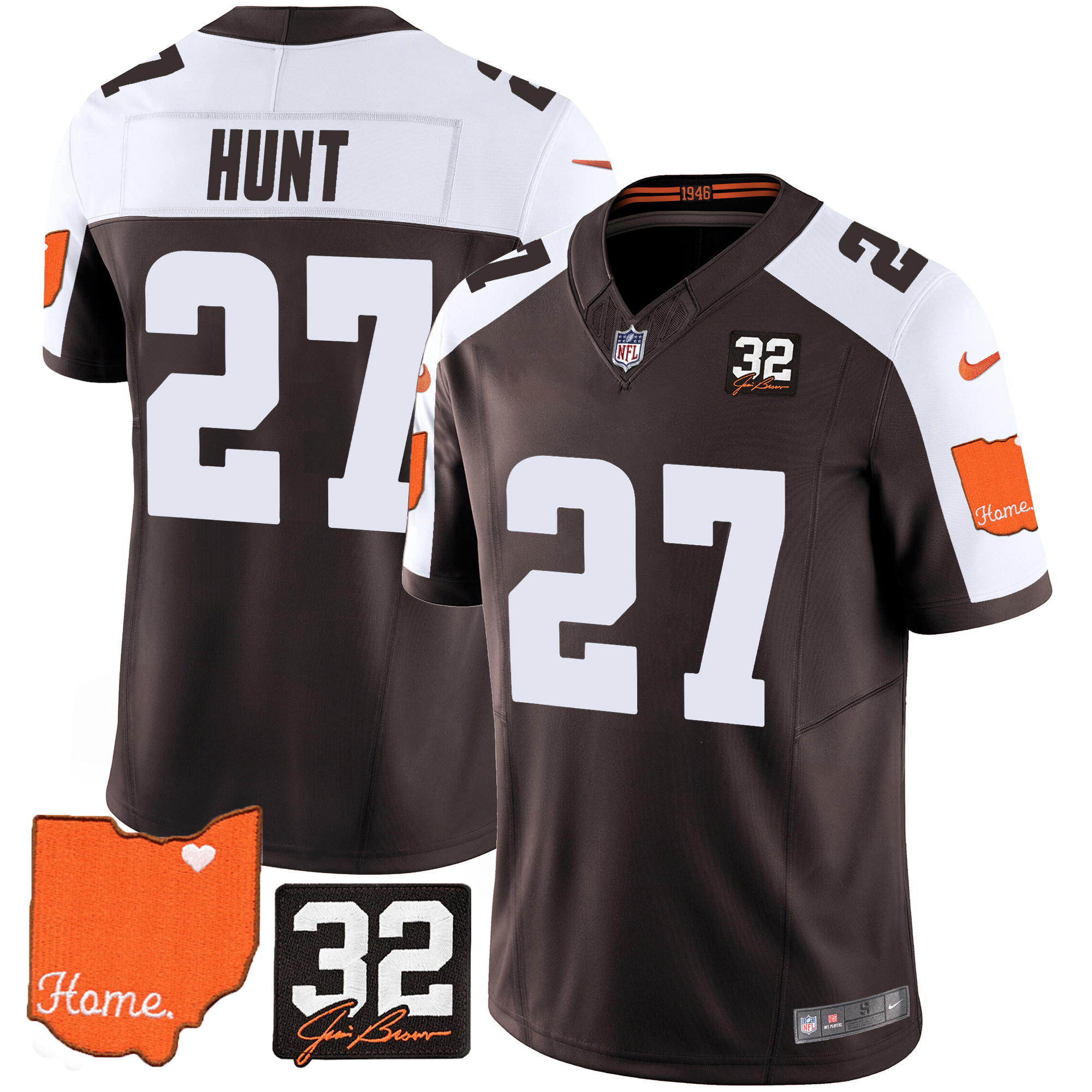 Kareem Hunt Men's Cleveland Browns #32 Jim Brown Memorial & Home Patch V2 Alternate Jersey - All Stitched