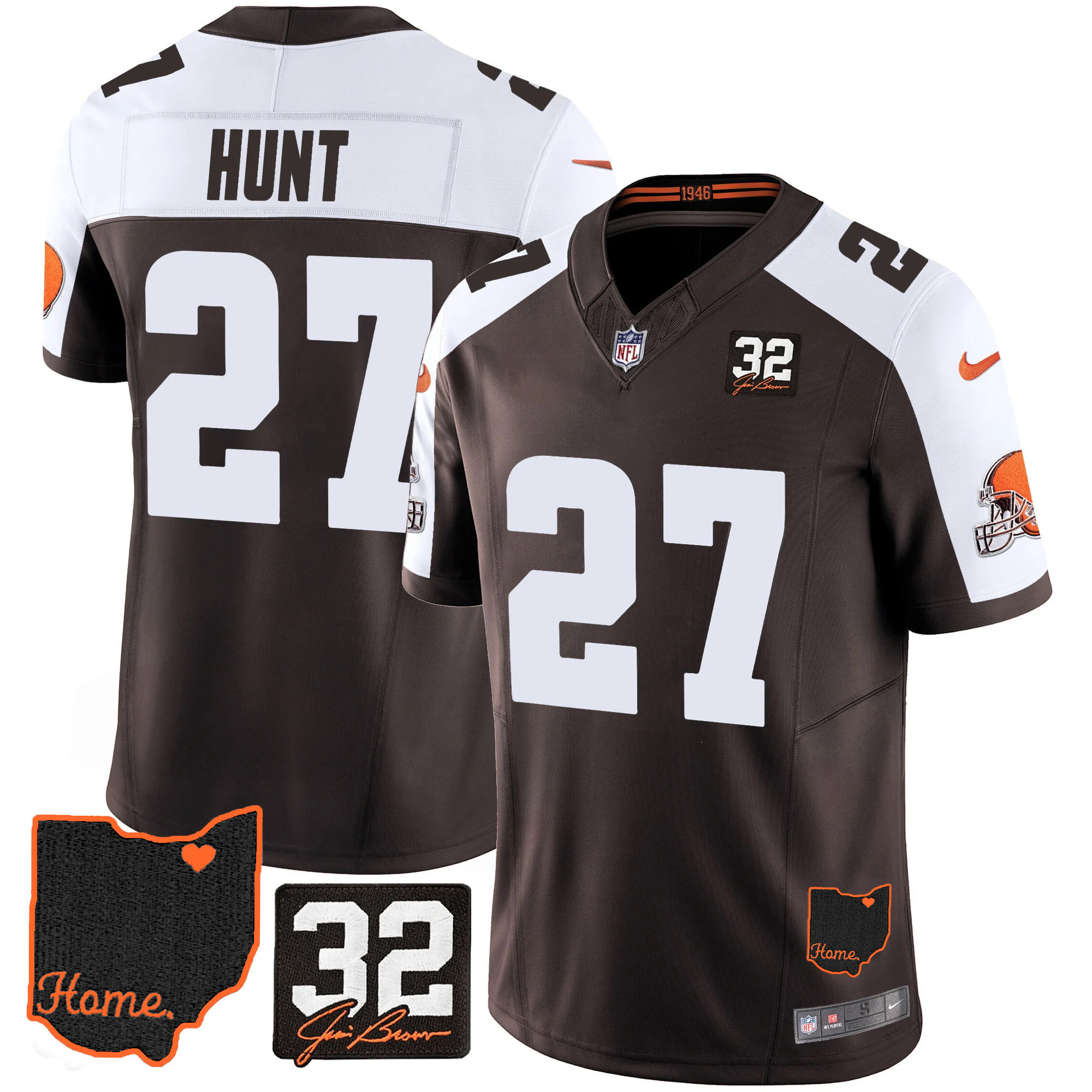Kareem Hunt Men's Cleveland Browns #32 Jim Brown Memorial & Home Patch V3 Alternate Jersey - All Stitched