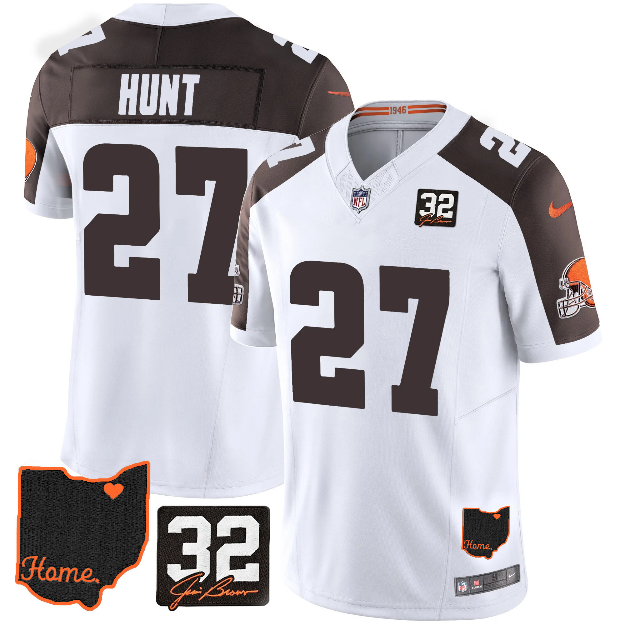 Kareem Hunt Men's Cleveland Browns #32 Jim Brown Memorial & Home Patch V3 Inverted Jersey - All Stitched