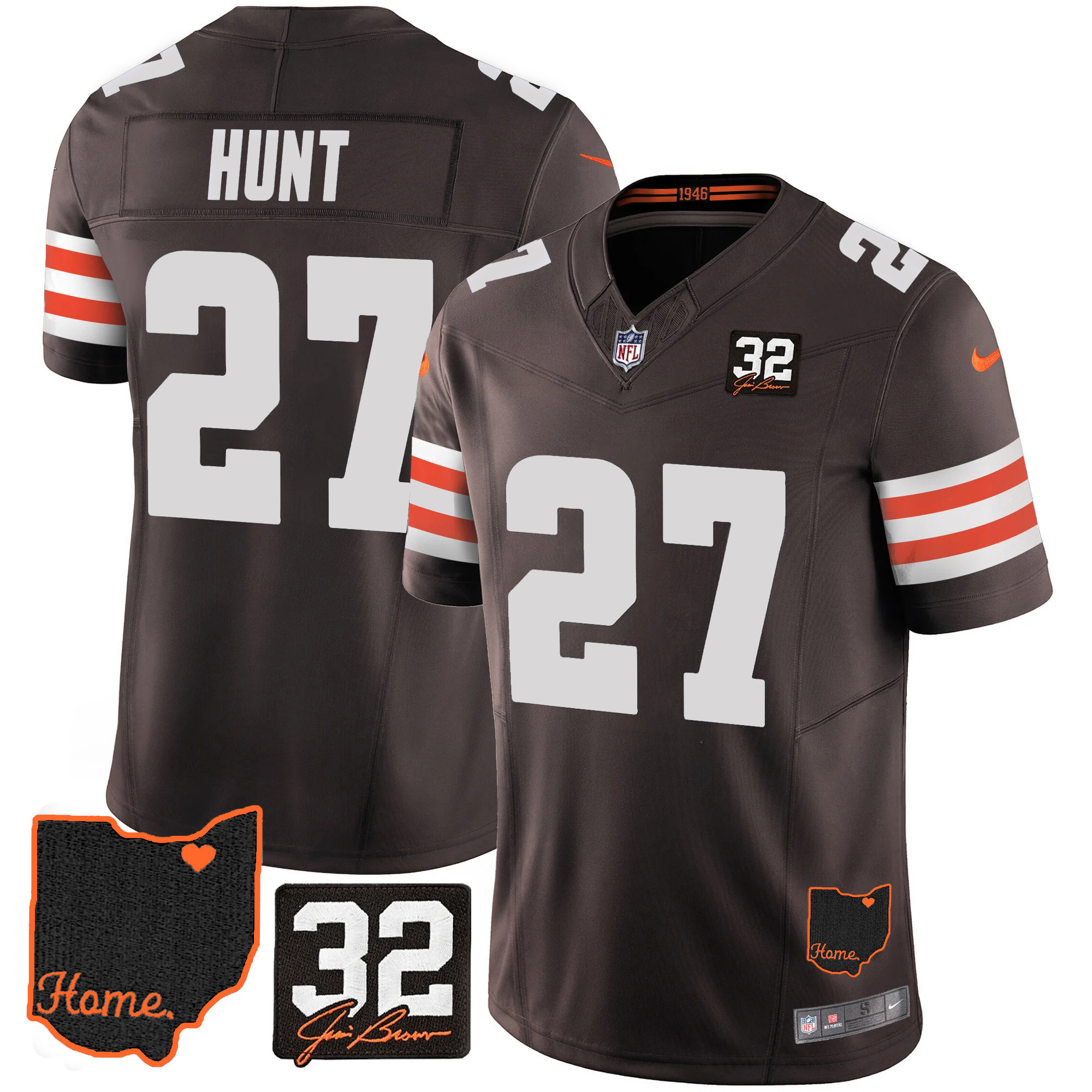 Kareem Hunt Men's Cleveland Browns #32 Jim Brown Memorial & Home Patch V3 Jersey - All Stitched