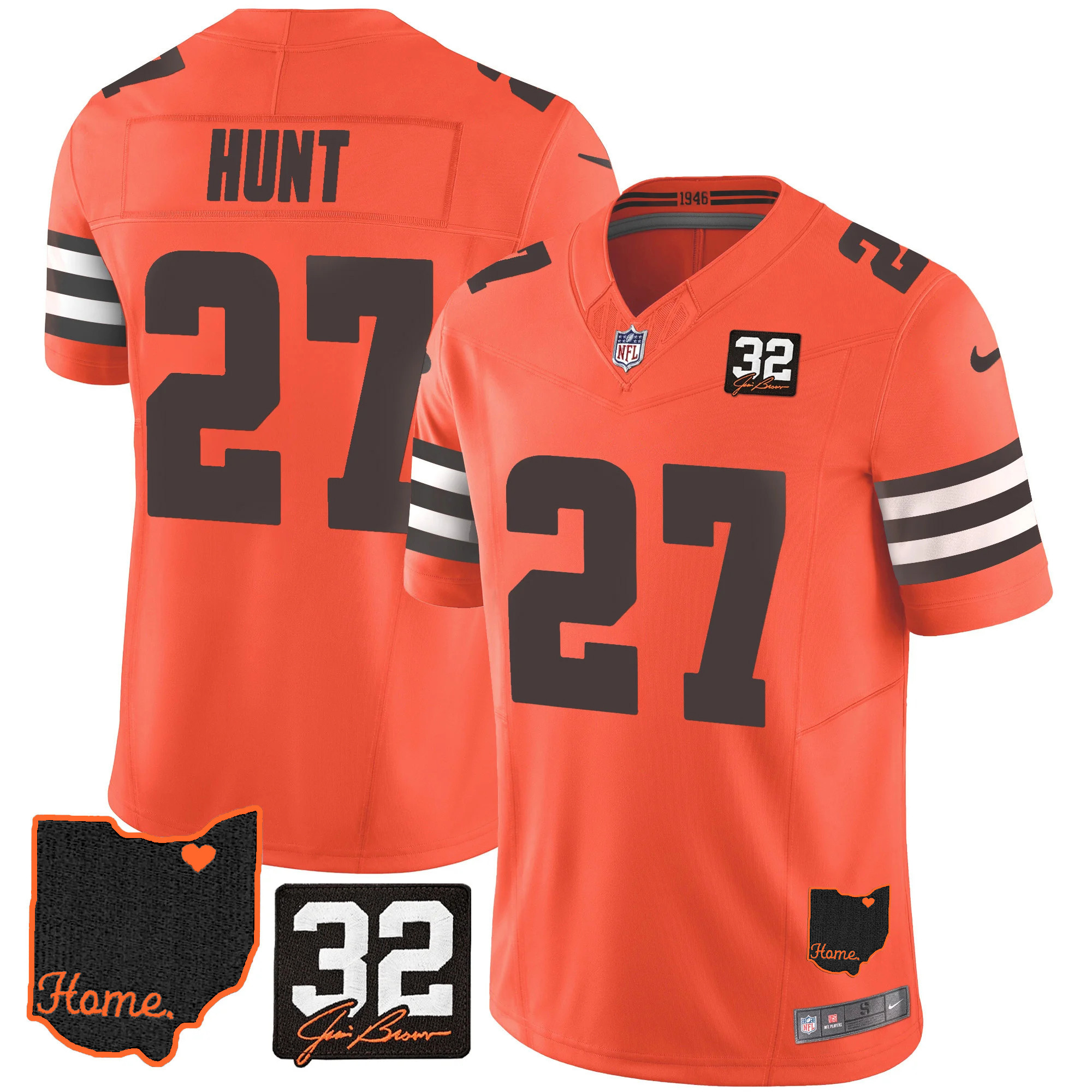 Kareem Hunt Men's Cleveland Browns #32 Jim Brown Memorial & Home Patch V3 Orange Jersey - All Stitched