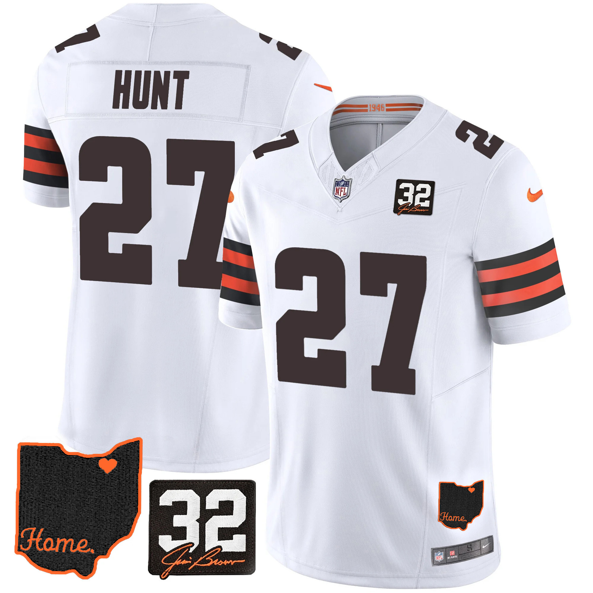 Kareem Hunt Men's Cleveland Browns #32 Jim Brown Memorial & Home Patch V3 White Jersey - All Stitched