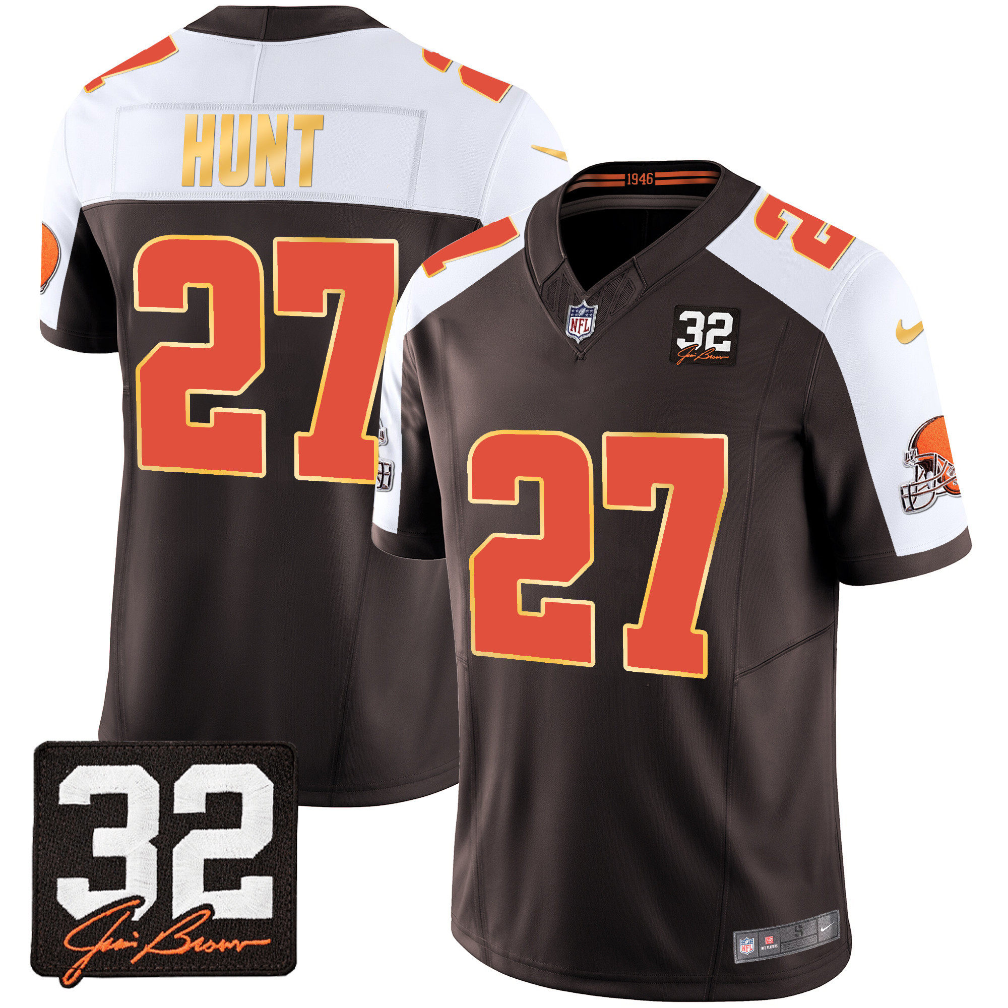 Kareem Hunt Men's Cleveland Browns #32 Jim Brown Memorial Patch Gold Trim Alternate Jersey - All Stitched