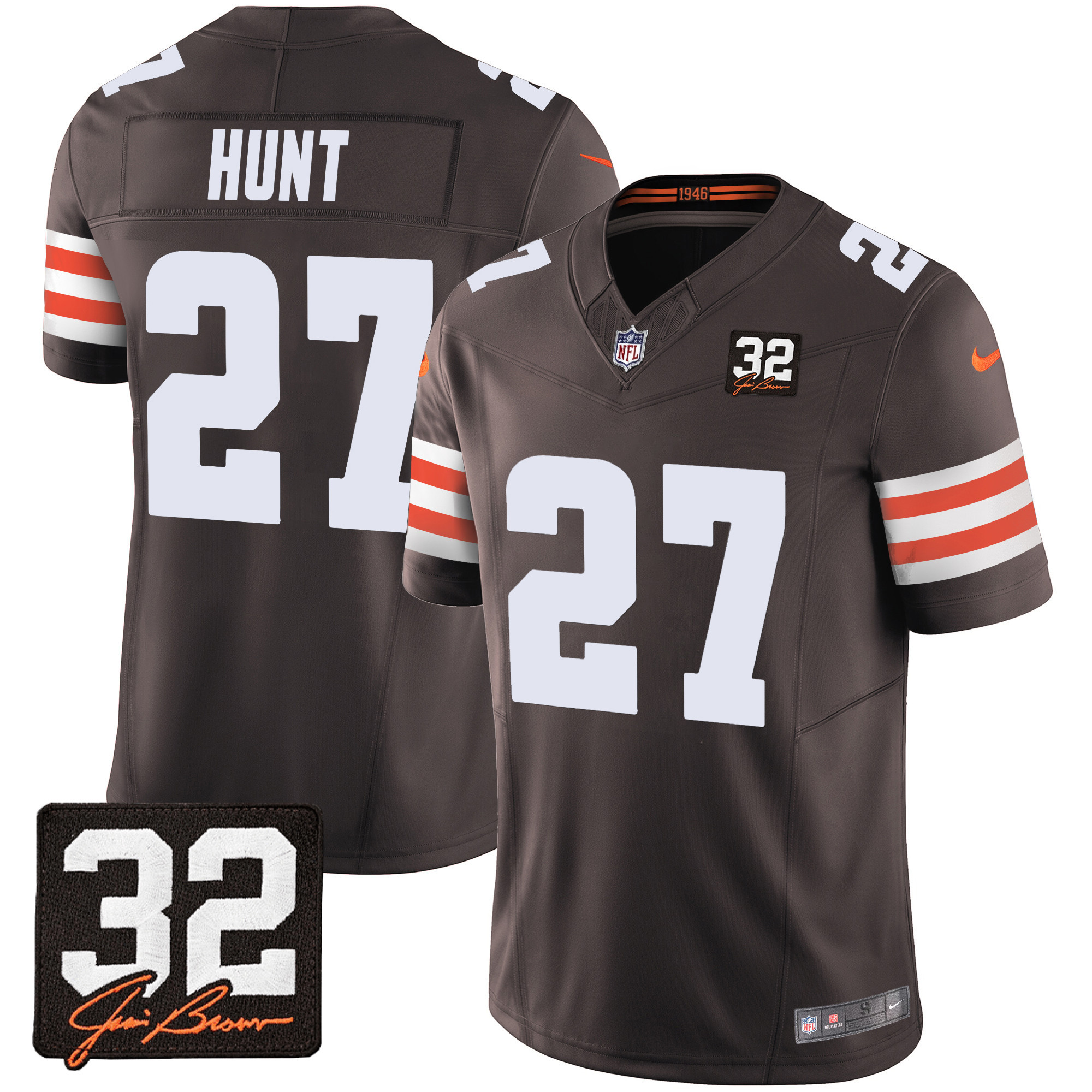 Kareem Hunt Men's Cleveland Browns #32 Jim Brown Memorial Patch Jersey - All Stitched