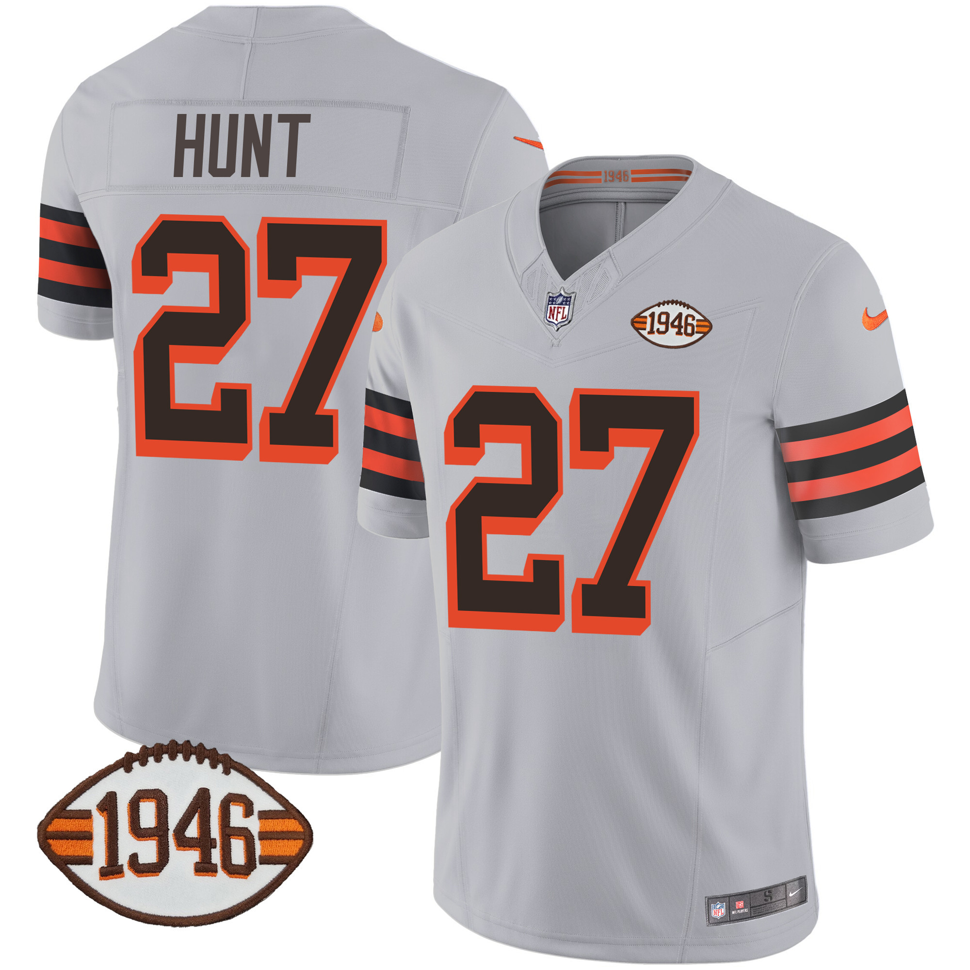 Kareem Hunt Men's Cleveland Browns 1946 75th Anniversary Patch Gray Jersey - All Stitched