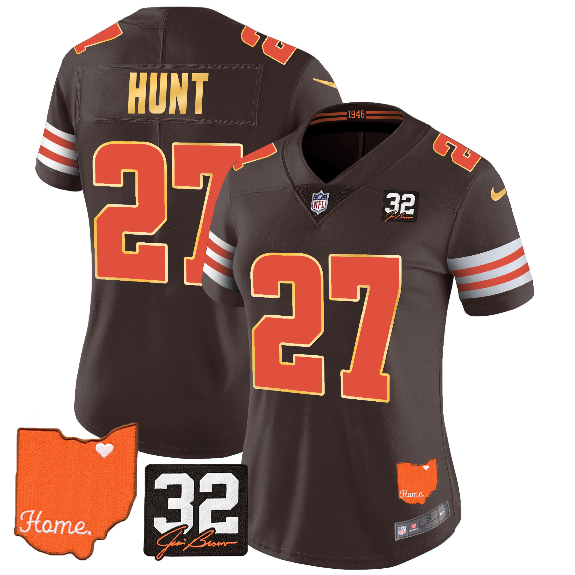 Kareem Hunt Women's Cleveland Browns #32 Jim Brown Memorial & Home Patch Gold Trim Jersey - All Stitched