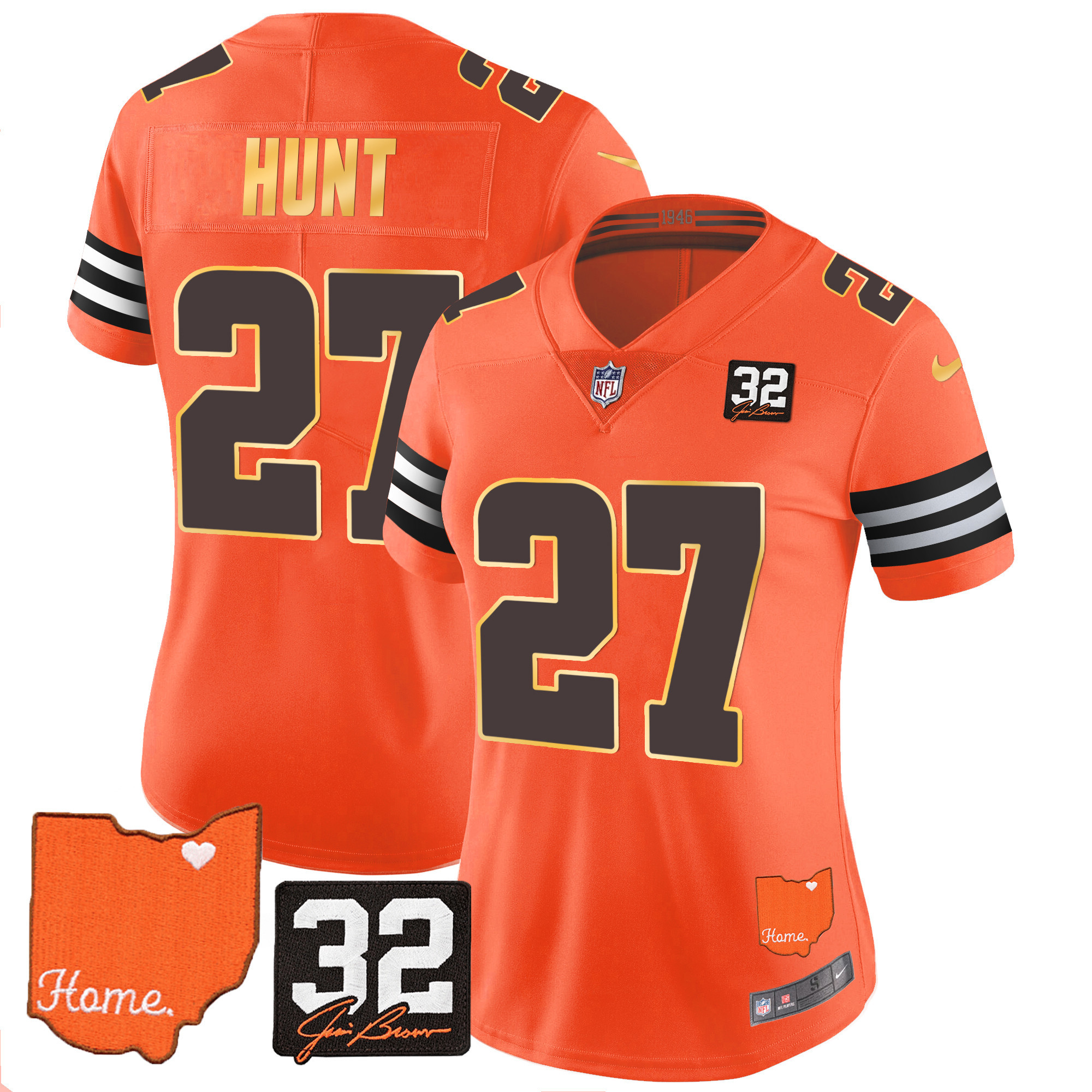 Kareem Hunt Women's Cleveland Browns #32 Jim Brown Memorial & Home Patch Gold Trim Orange Jersey - All Stitched