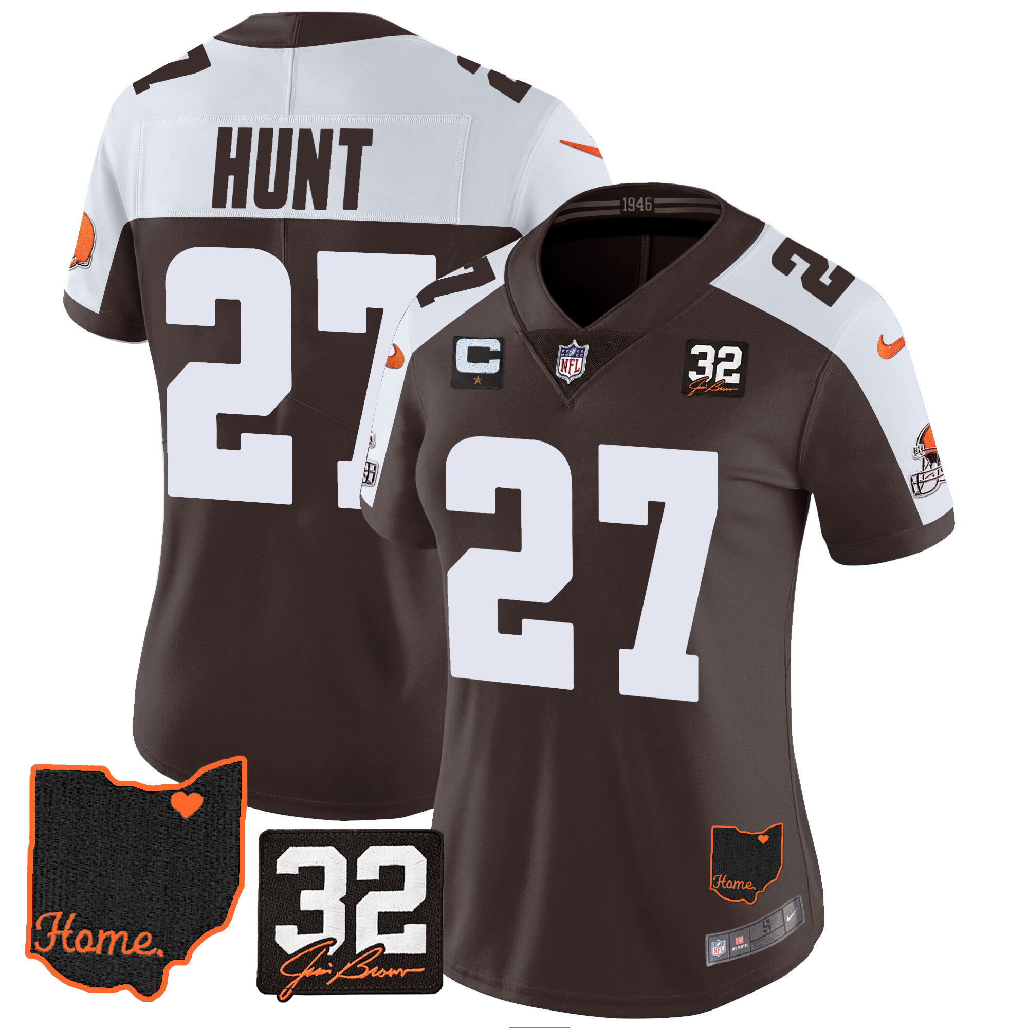 Kareem Hunt Women's Cleveland Browns #32 Jim Brown Memorial & Home Patch V3 Alternate Jersey - All Stitched