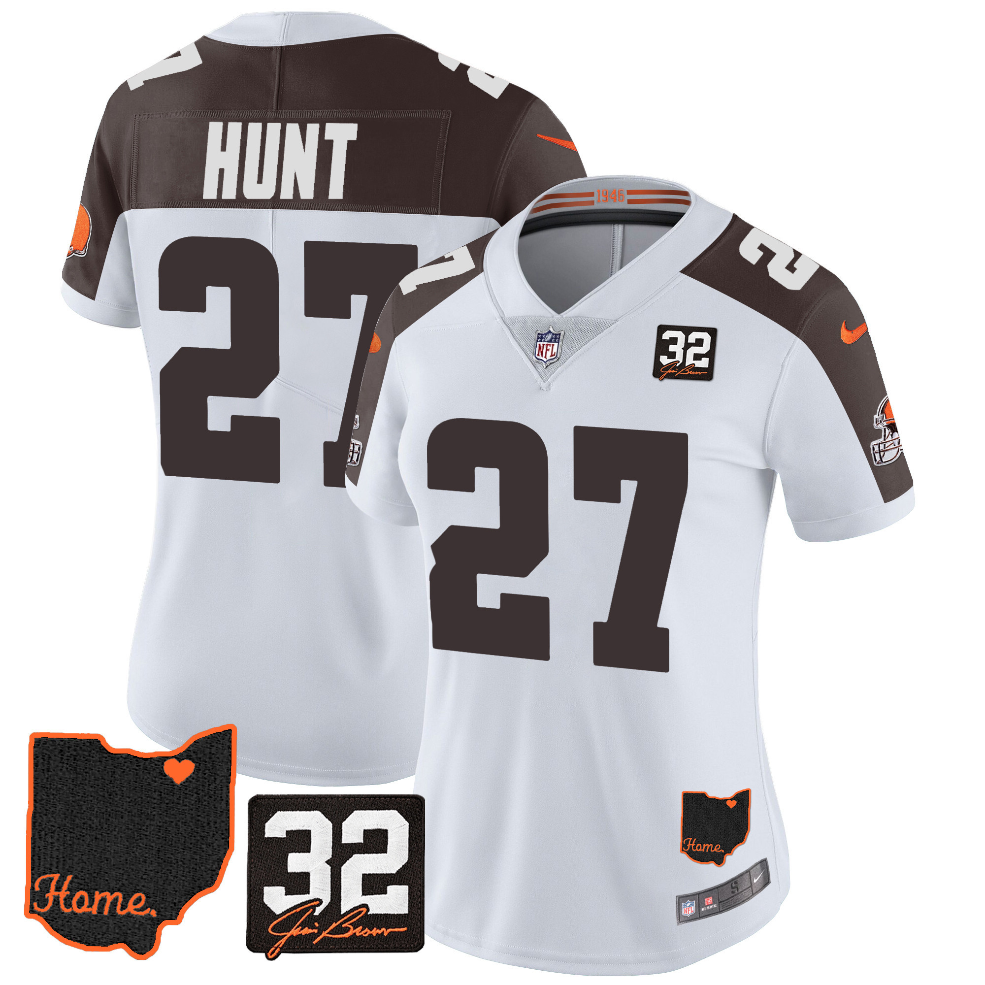Kareem Hunt Women's Cleveland Browns #32 Jim Brown Memorial & Home Patch V3 Inverted Jersey - All Stitched