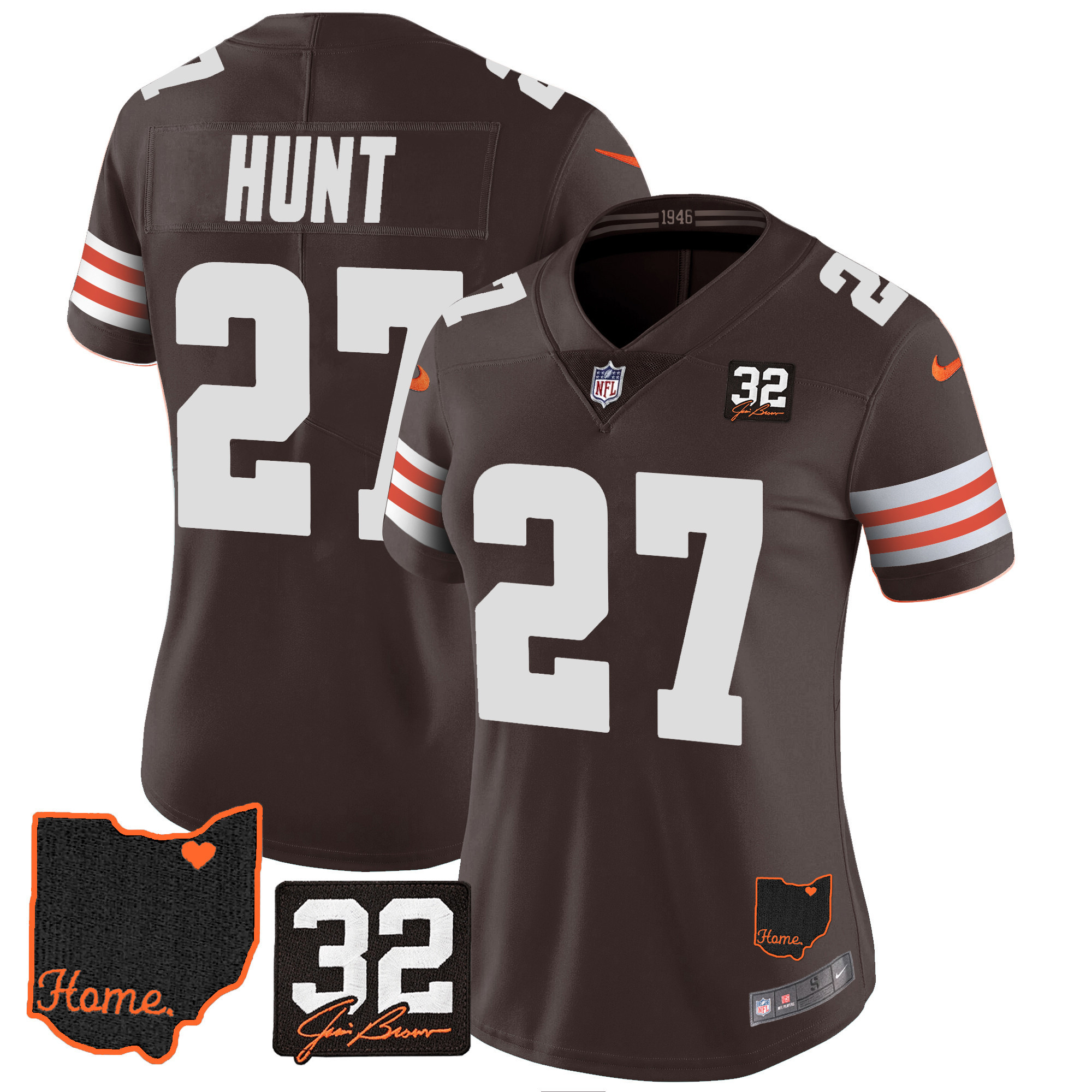Kareem Hunt Women's Cleveland Browns #32 Jim Brown Memorial & Home Patch V3 Jersey - All Stitched