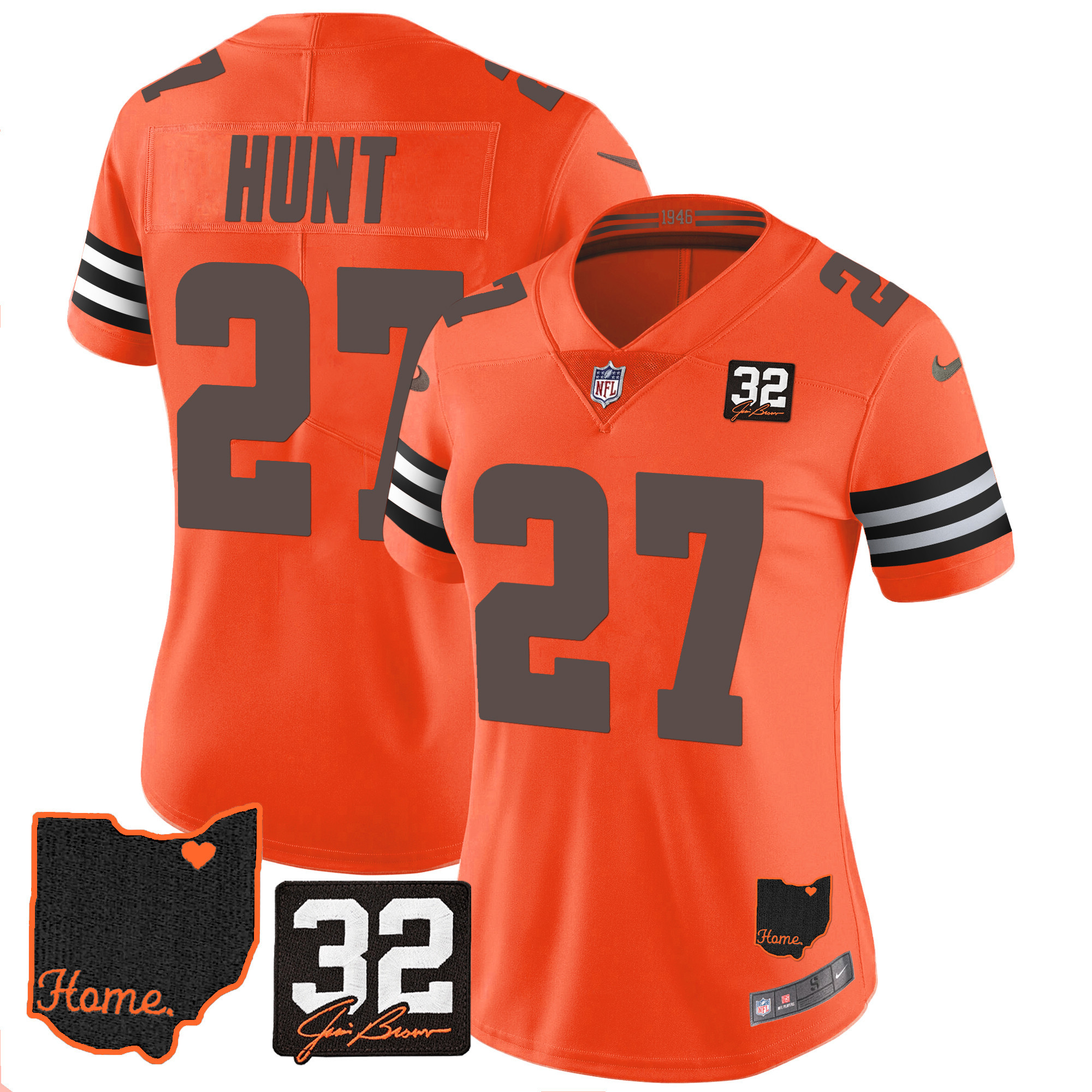 Kareem Hunt Women's Cleveland Browns #32 Jim Brown Memorial & Home Patch V3 Orange Jersey - All Stitched
