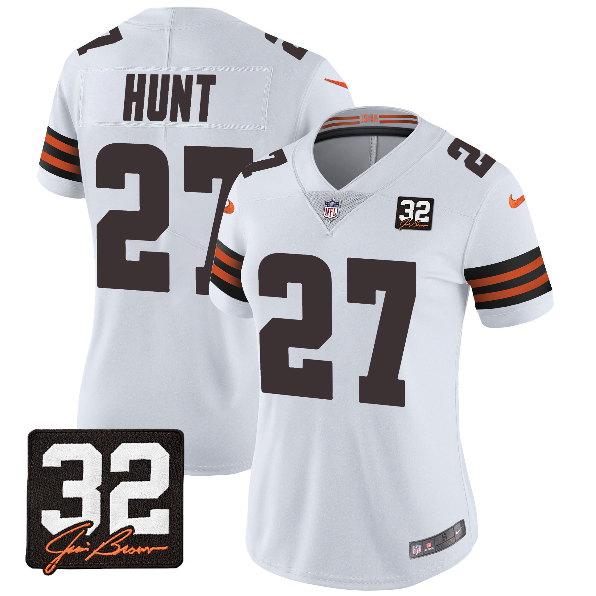 Kareem Hunt Women's Cleveland Browns #32 Jim Brown Memorial & Home Patch V3 White Jersey - All Stitched
