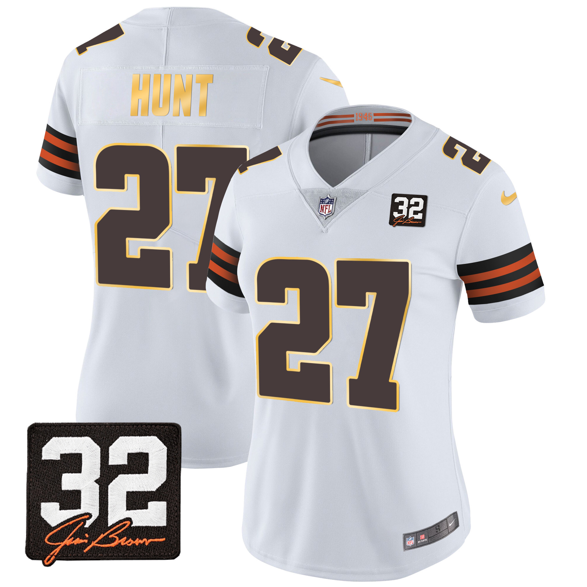 Kareem Hunt Women's Cleveland Browns #32 Jim Brown Memorial Patch Gold Trim White Jersey - All Stitched