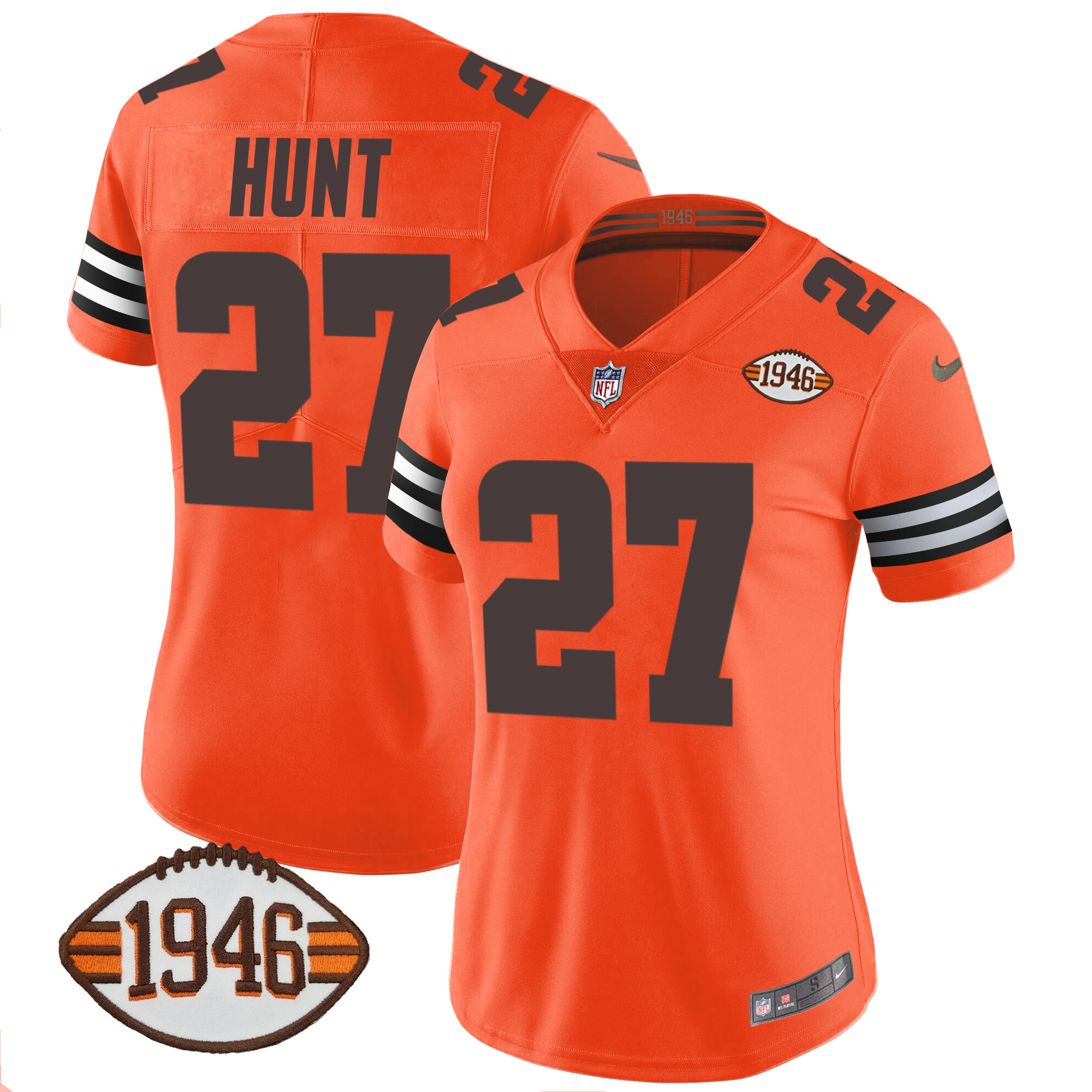 Kareem Hunt Women's Cleveland Browns 1946 75th Anniversary Patch Orange Jersey - All Stitched
