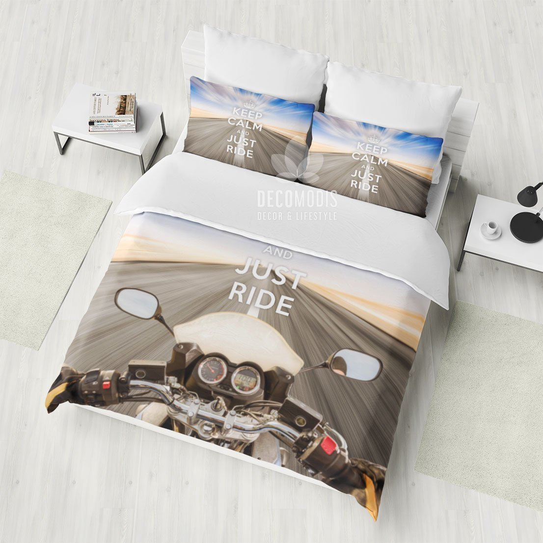 Keep Calm And Just Ride , Inspirational Covet , Motorbike Travel , On The Road Duvet Cover Bedding Set