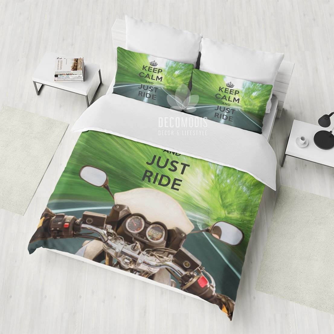 Keep Calm And Just Ride , Motorcycle Travel , Inspiration Quote , Motorbike Duvet Cover Bedding Set